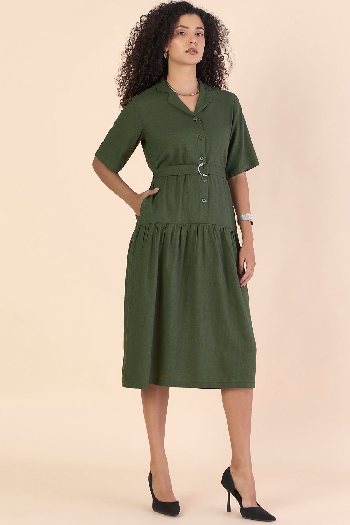 Olive Linen Blend Midi Dress