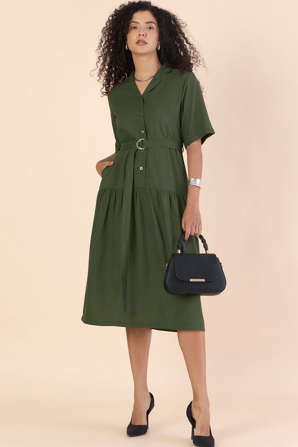 Buy Olive Linen Blend Midi Dress by PowerSutra for women online at ScrollnShops