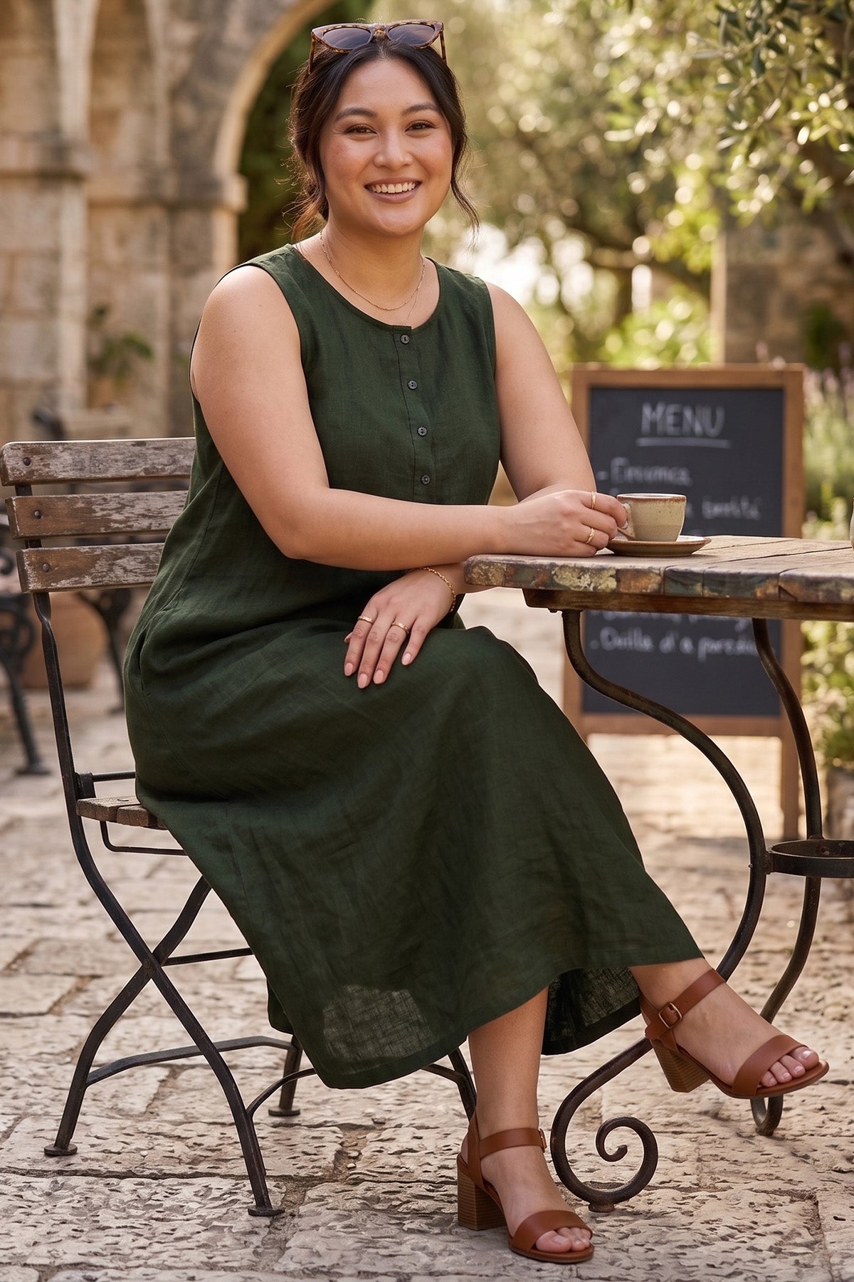 Linen Blend Olive Midi Dress