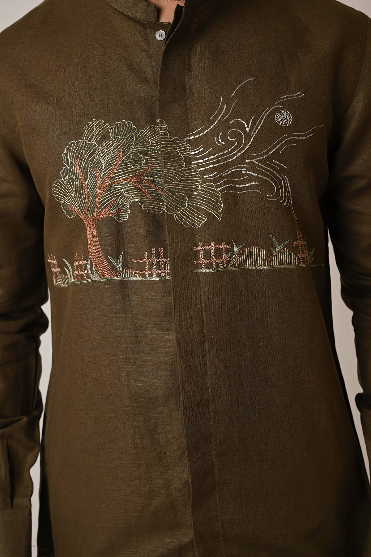 Olive Linen Embroidered Shirt