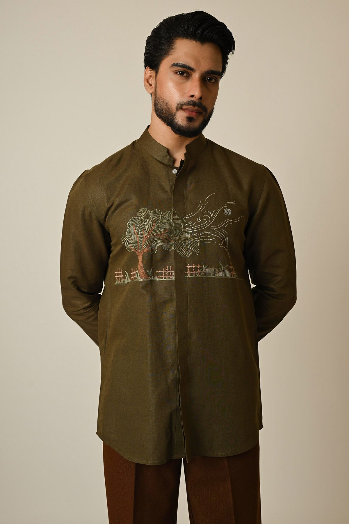 Buy Olive Linen Embroidered Shirt for men by Paarsh Atelier online available at scrollnshops