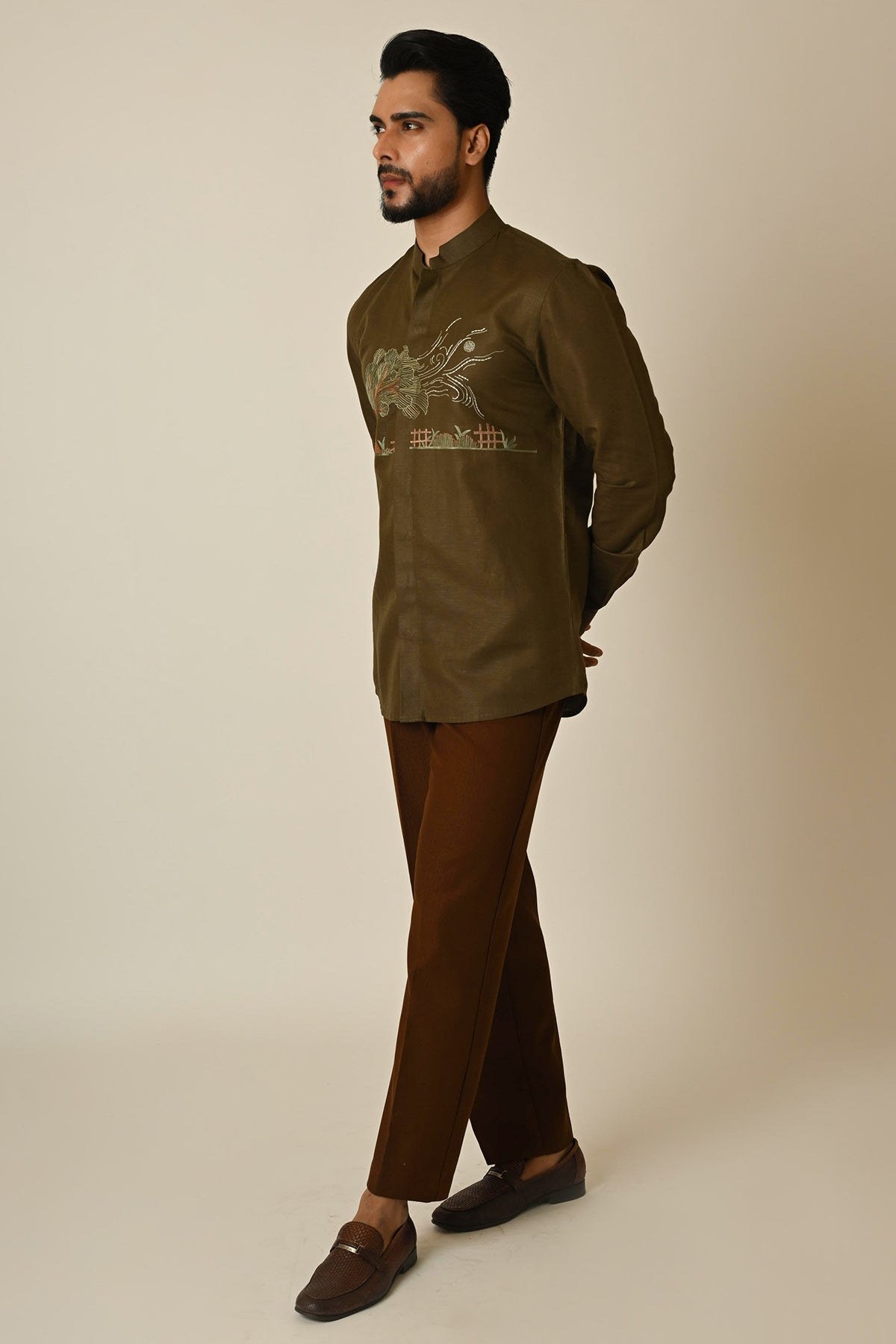Olive Linen Embroidered Shirt
