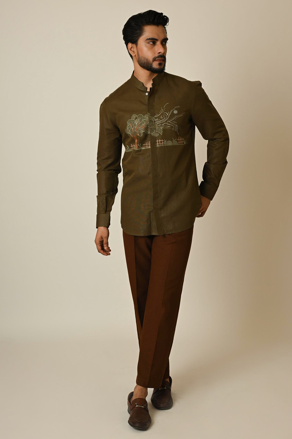 Olive Linen Embroidered Shirt