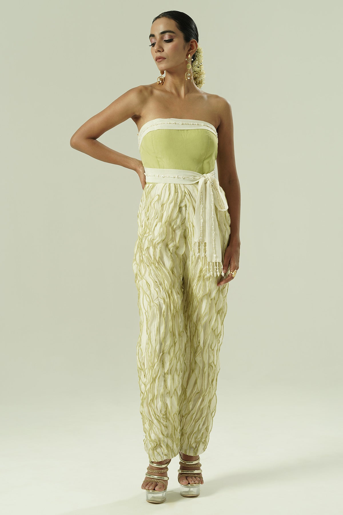 Buy Olive Organza Ruffled Jumpsuit for women by Shwetanga Designer online available at scrollnshops