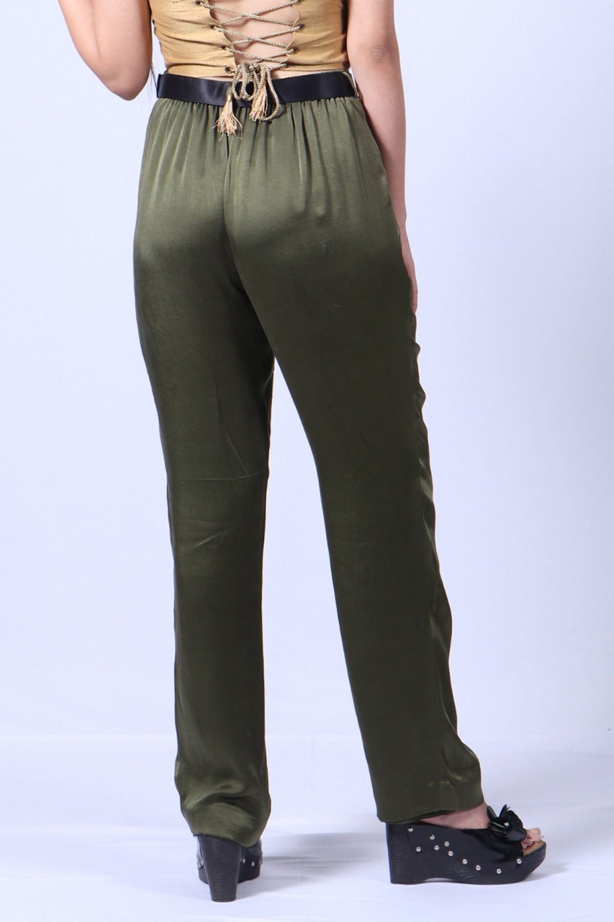 Olive Satin Straight Pants