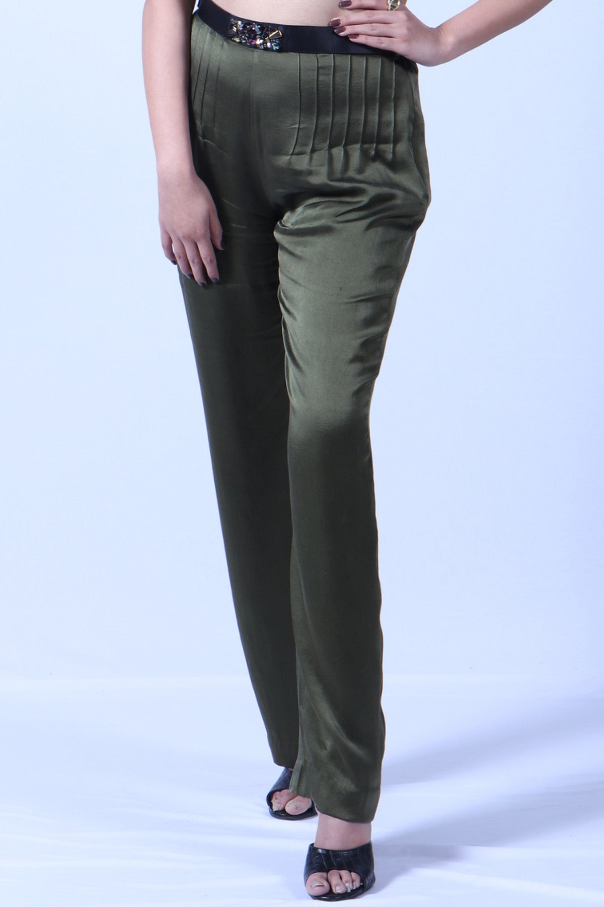 Etti Kapoor Olive Satin Straight Pants Online