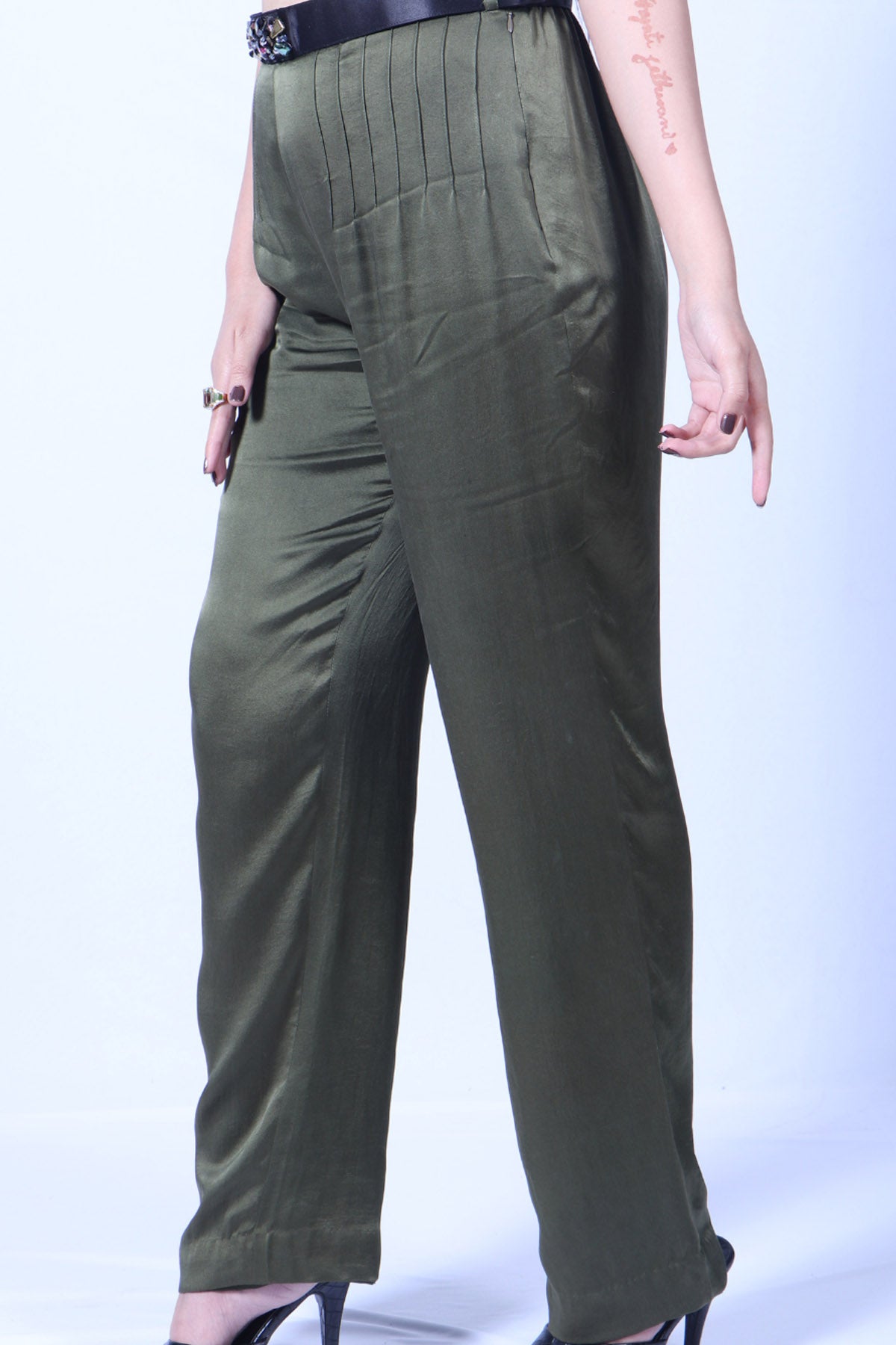 Olive Satin Straight Pants