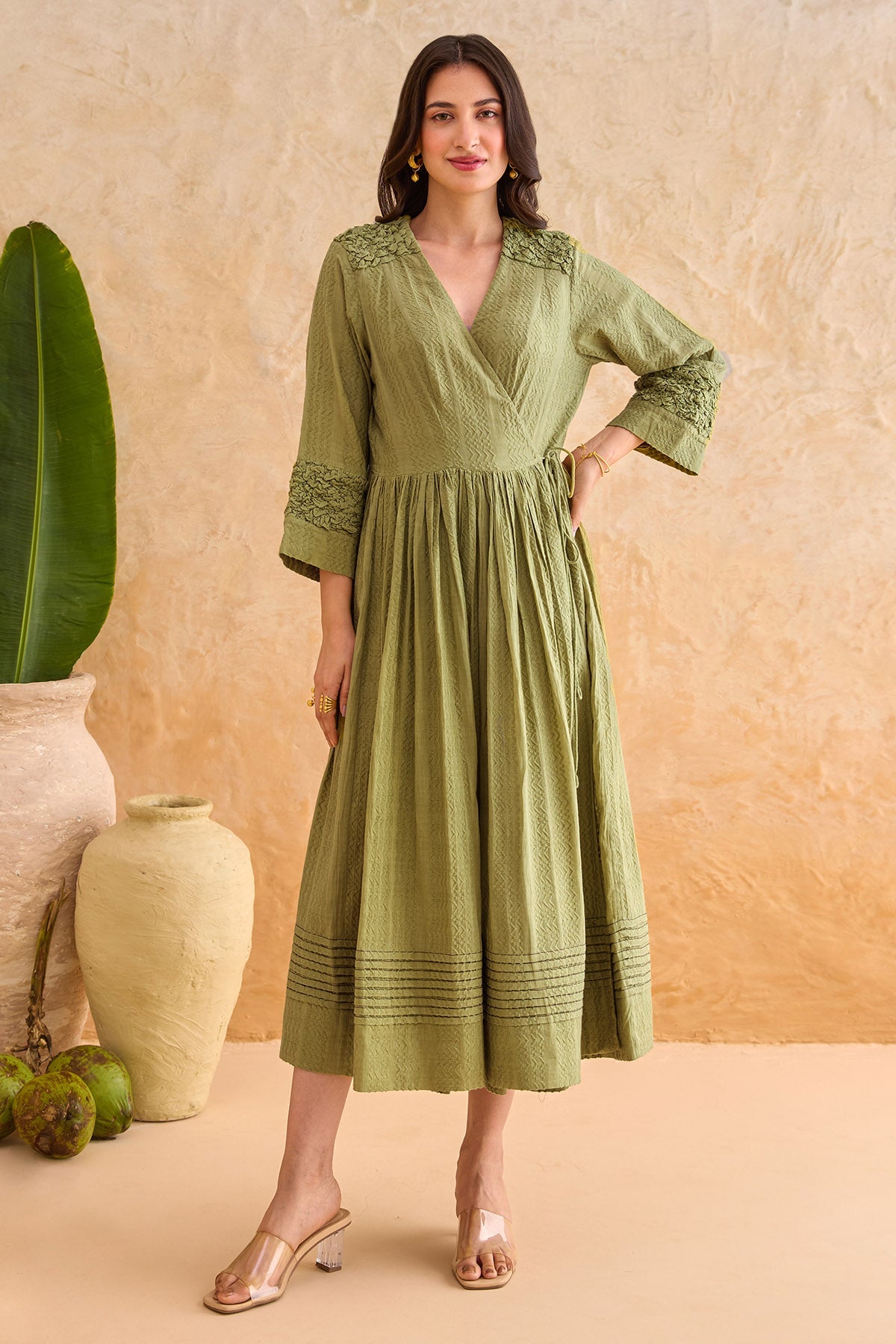 Buy Olive Self Texture Cotton Dress for women by Taro India online available at scrollnshops