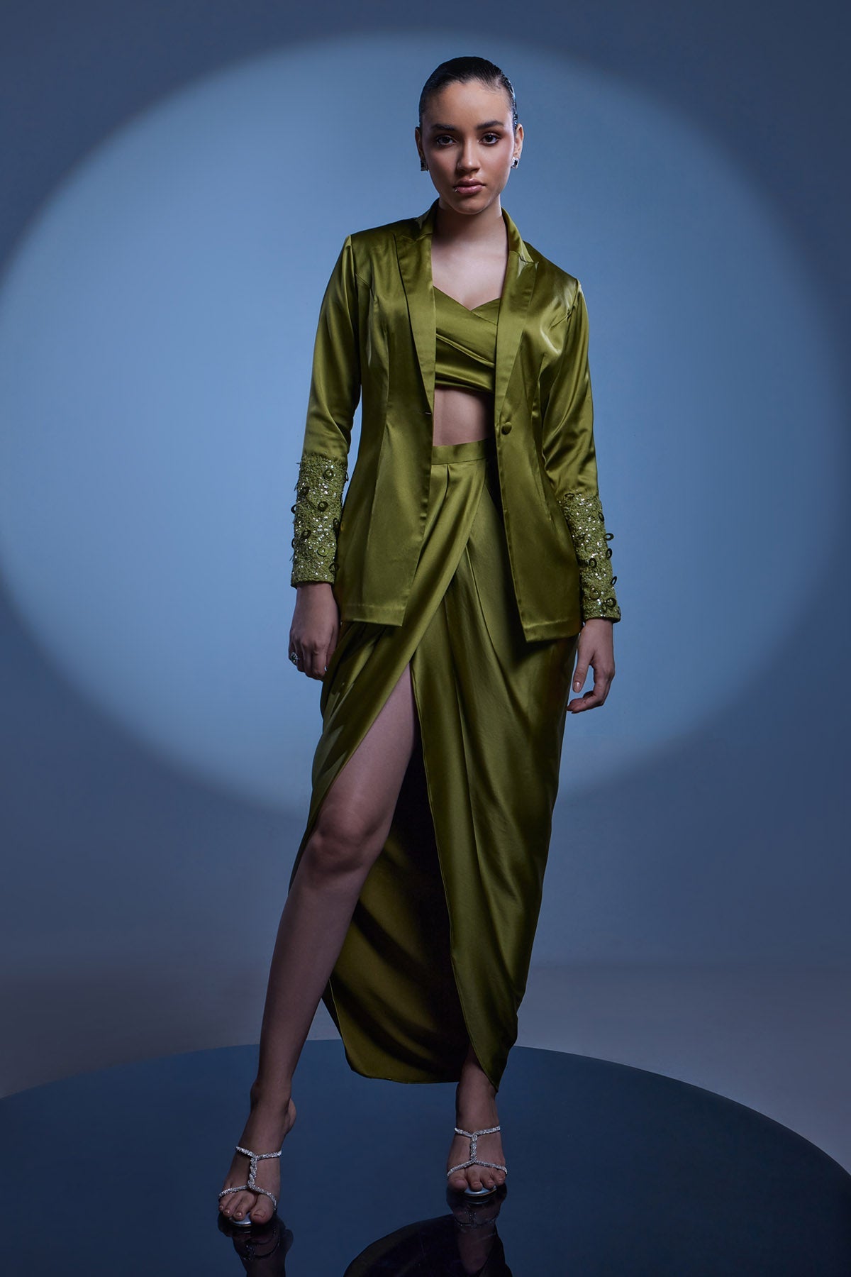 Olive Sequins Blazer & Skirt Set