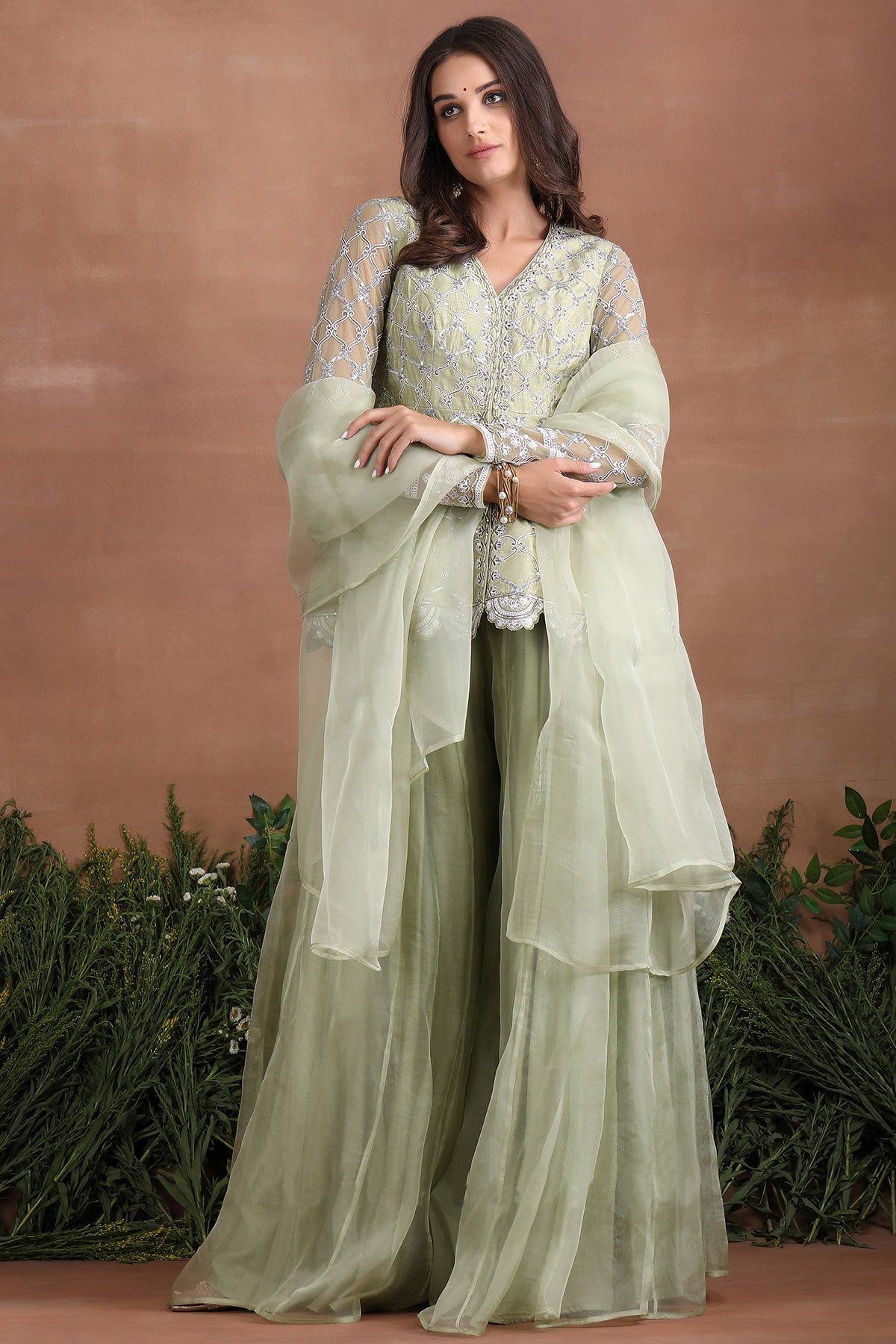 Olive Sequins Work Sharara Set