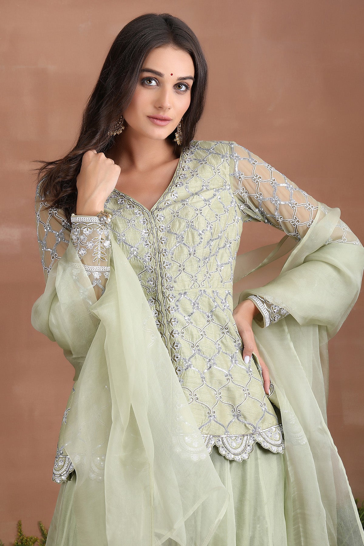 Olive Sequins Work Sharara Set