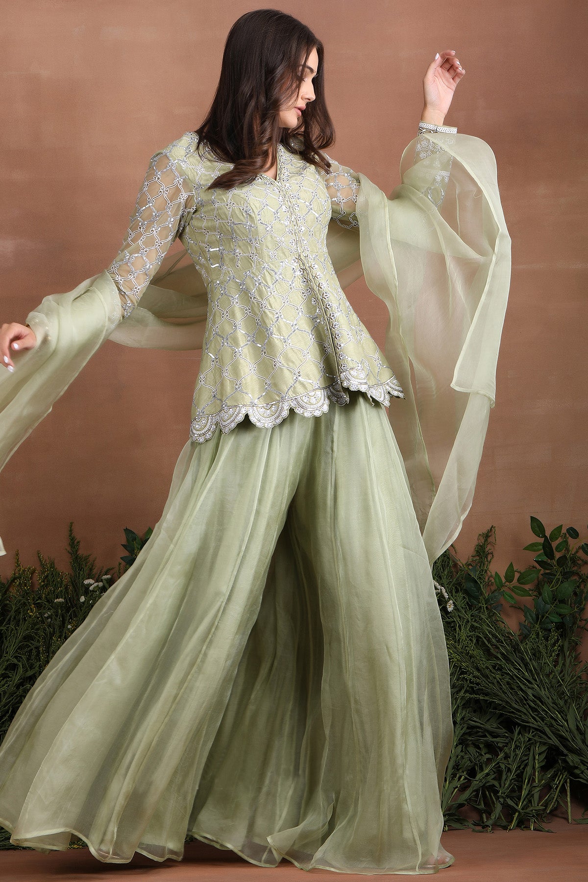 Olive Sequins Work Sharara Set