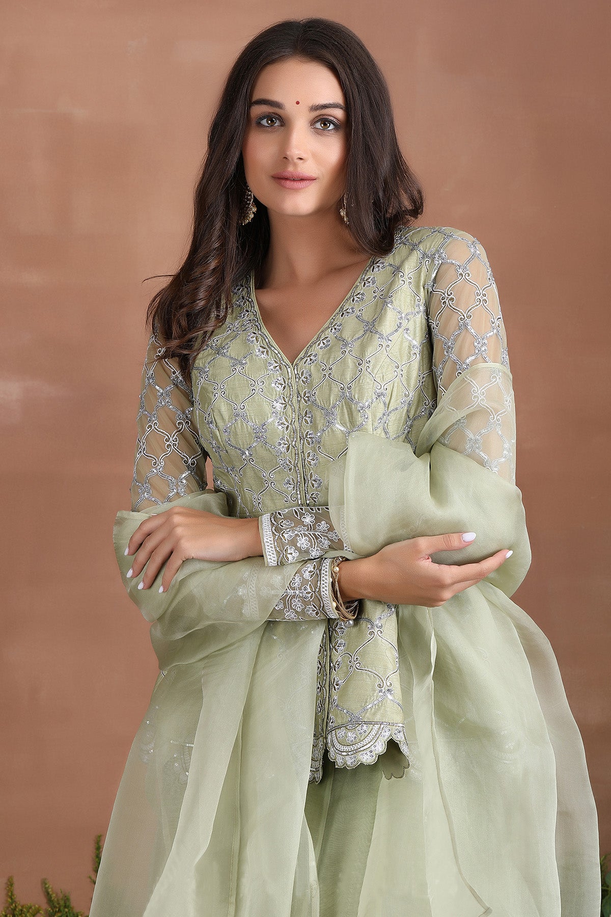 Olive Sequins Work Sharara Set