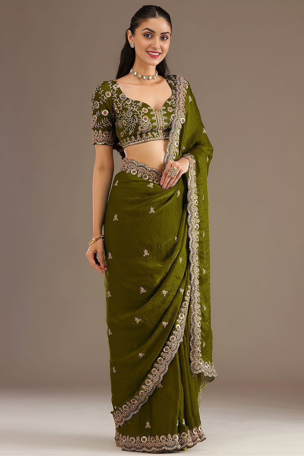 Buy Olive Tissue Dori & Zari Saree for women by Aastha Fashion online available at scrollnshops