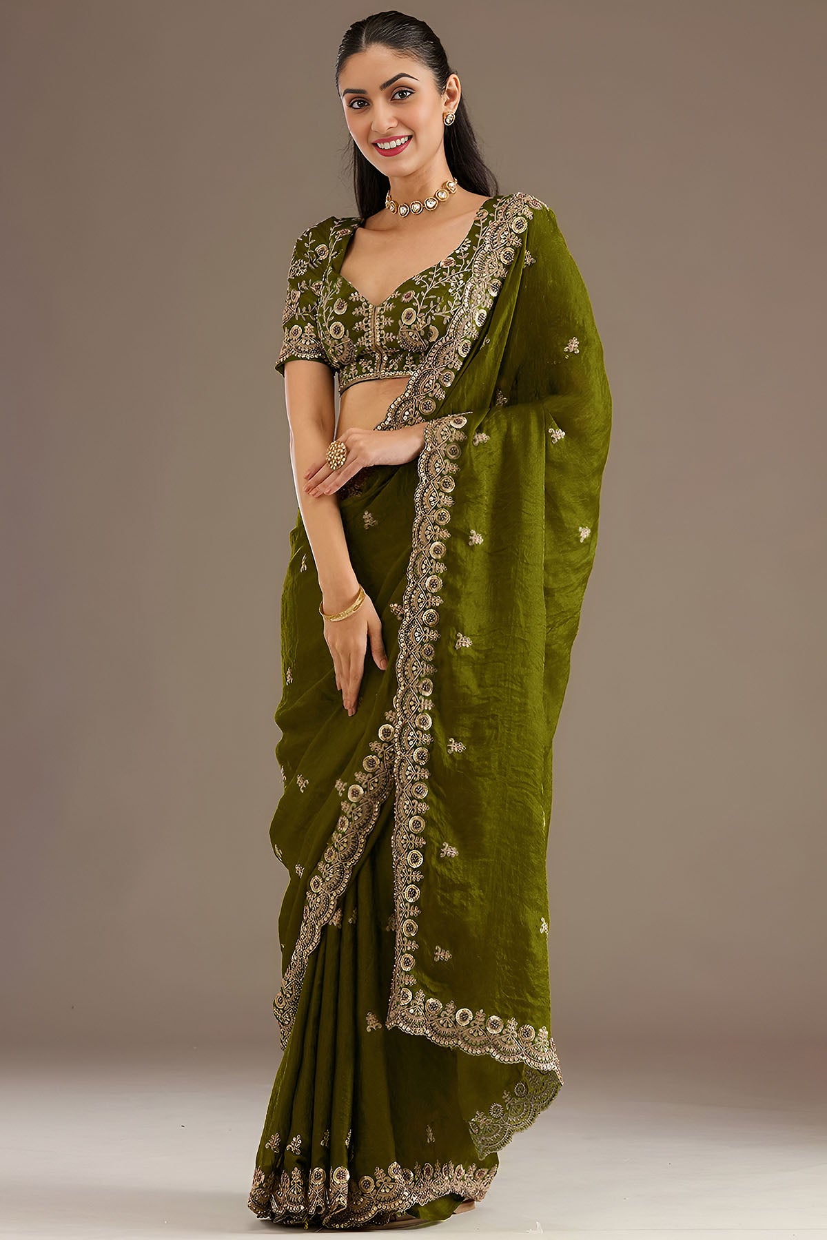 Olive Tissue Dori & Zari Saree