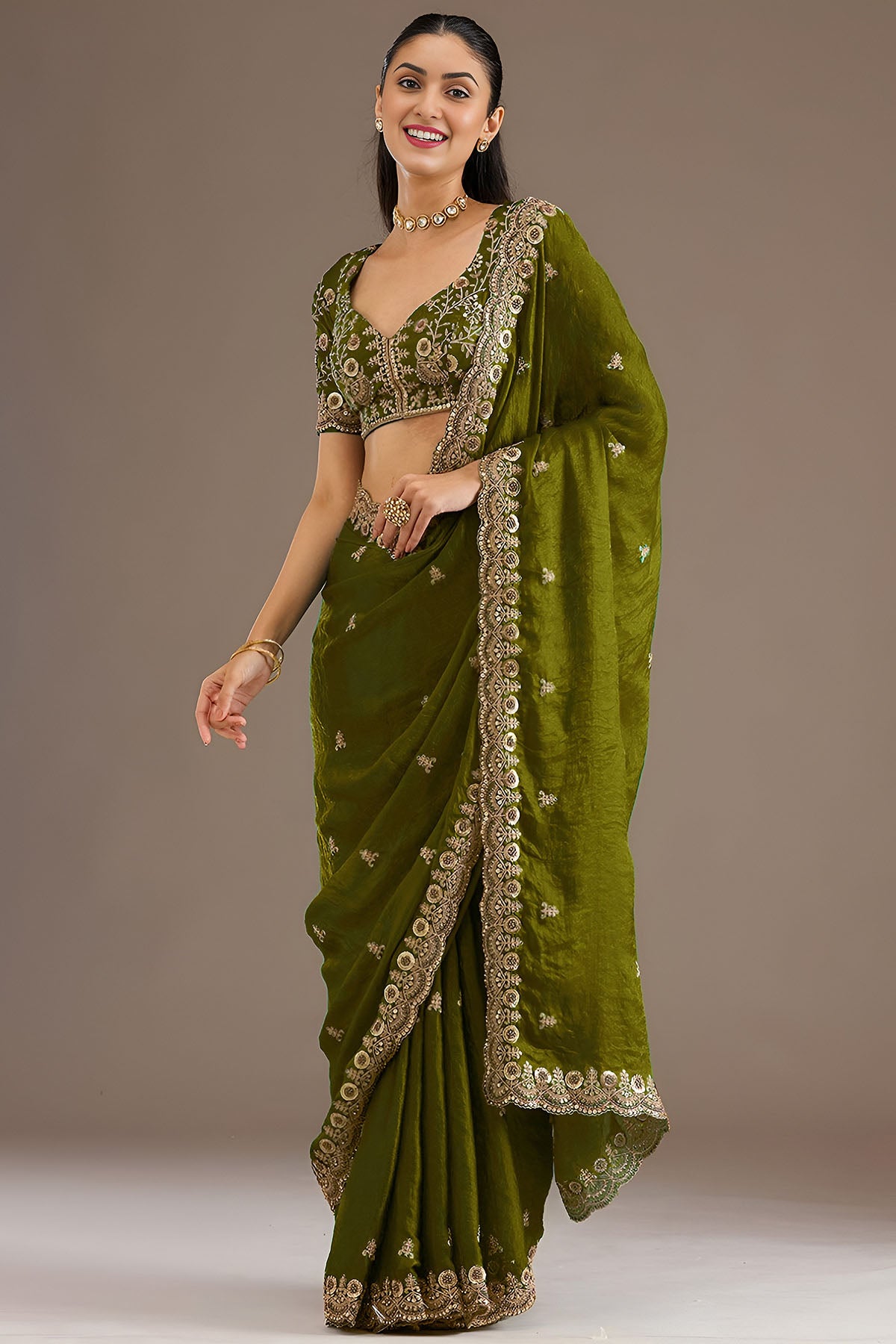 Olive Tissue Dori & Zari Saree