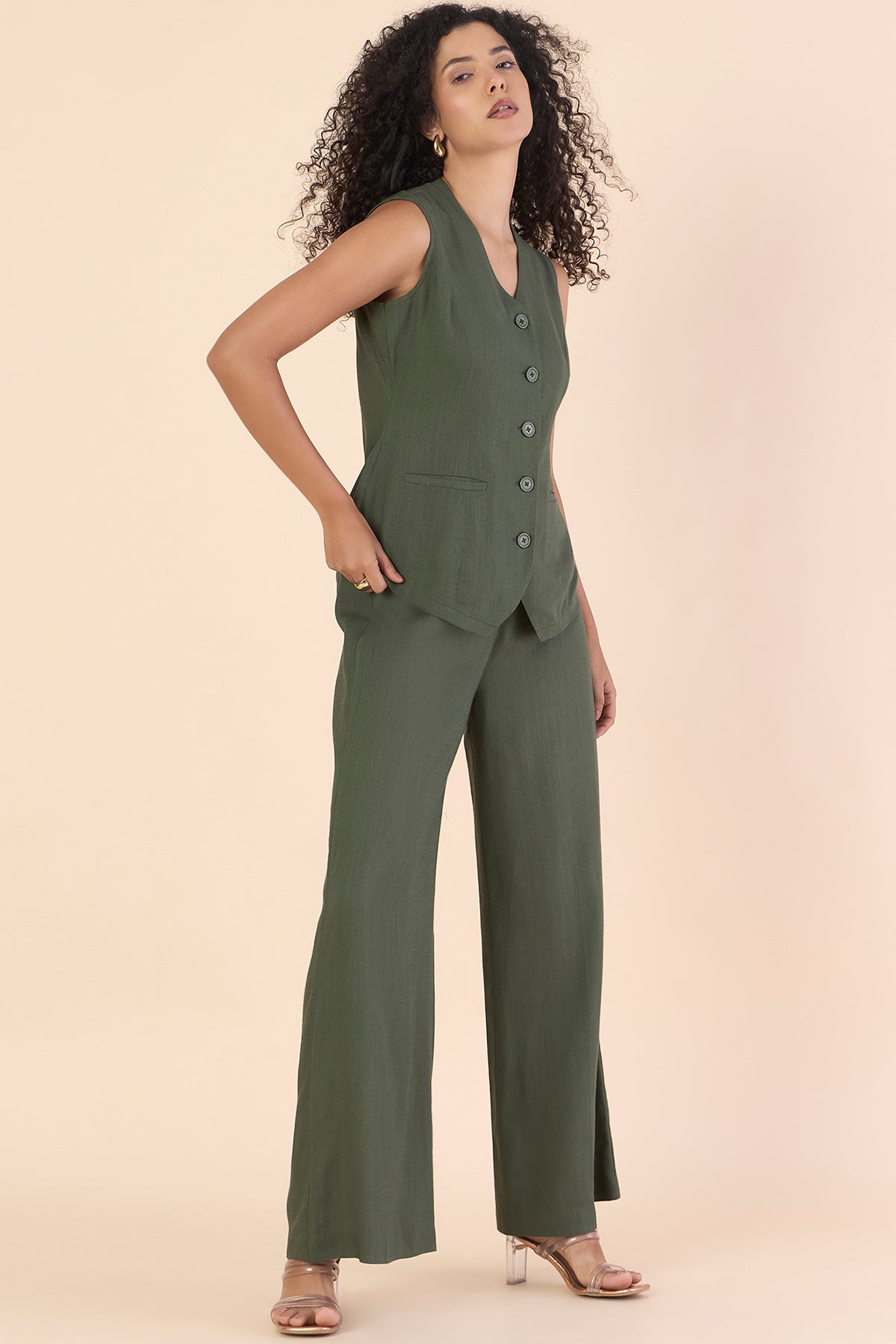 Olive V-Neck Vest & Trousers