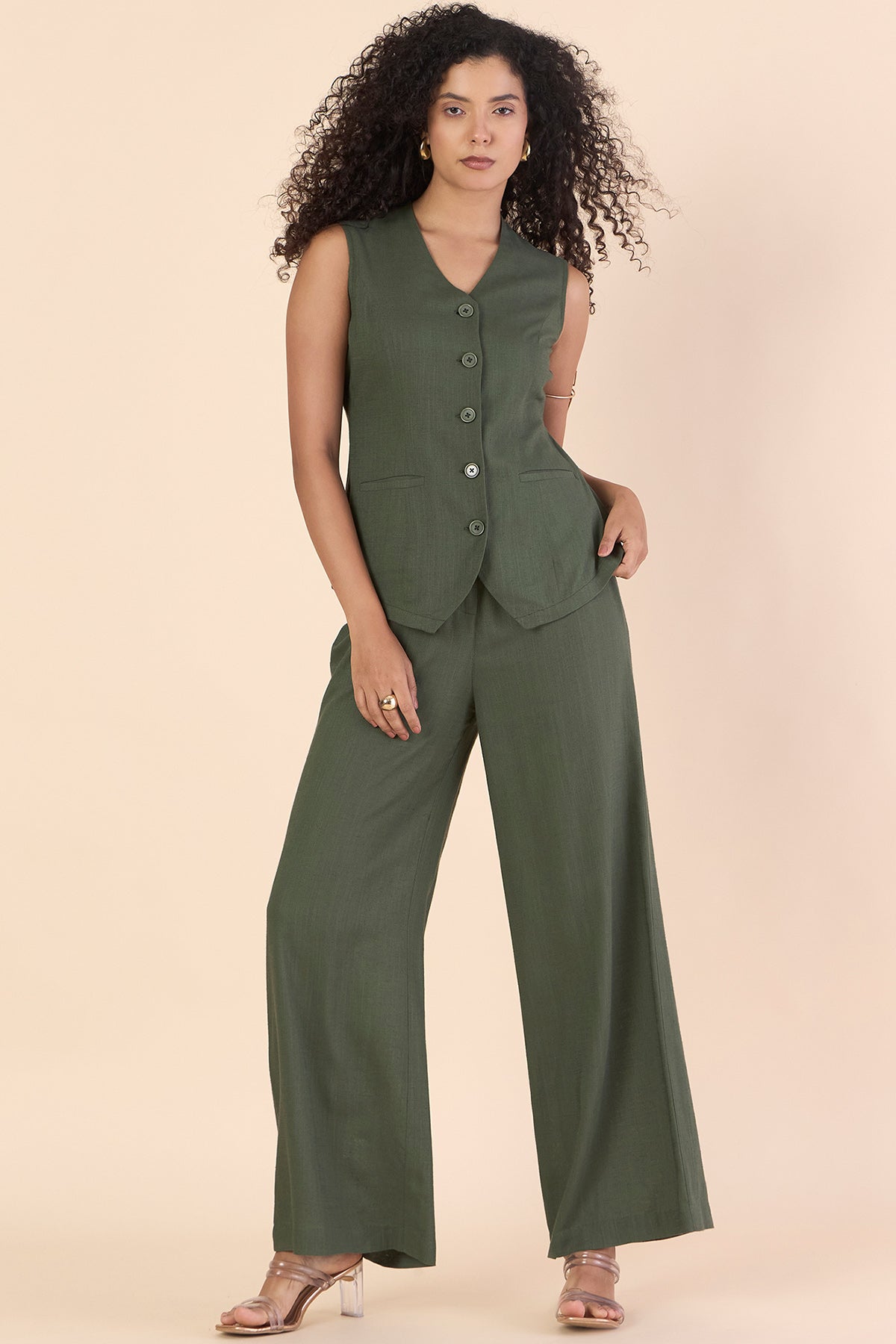 Buy Olive V-Neck Vest & Trousers by PowerSutra for women online at ScrollnShops
