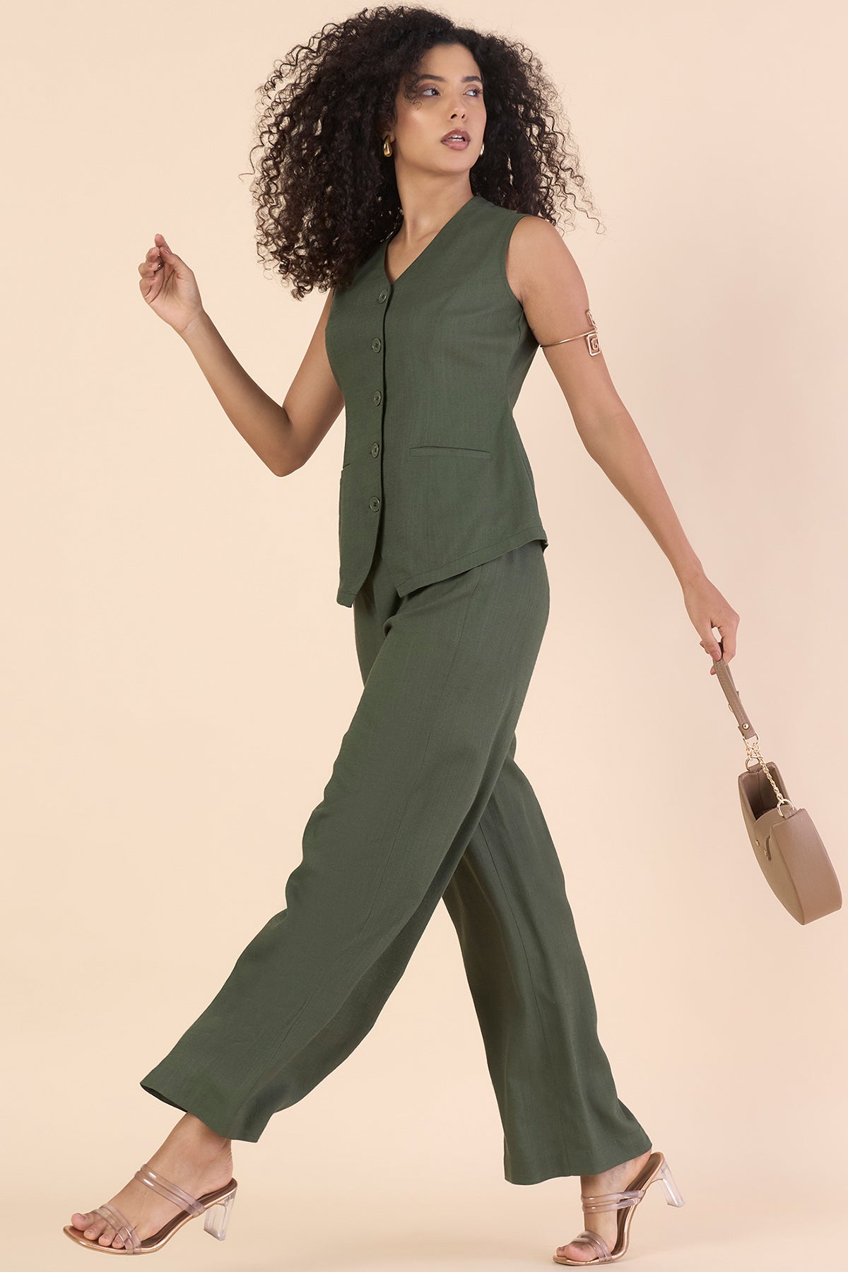 Olive V-Neck Vest & Trousers