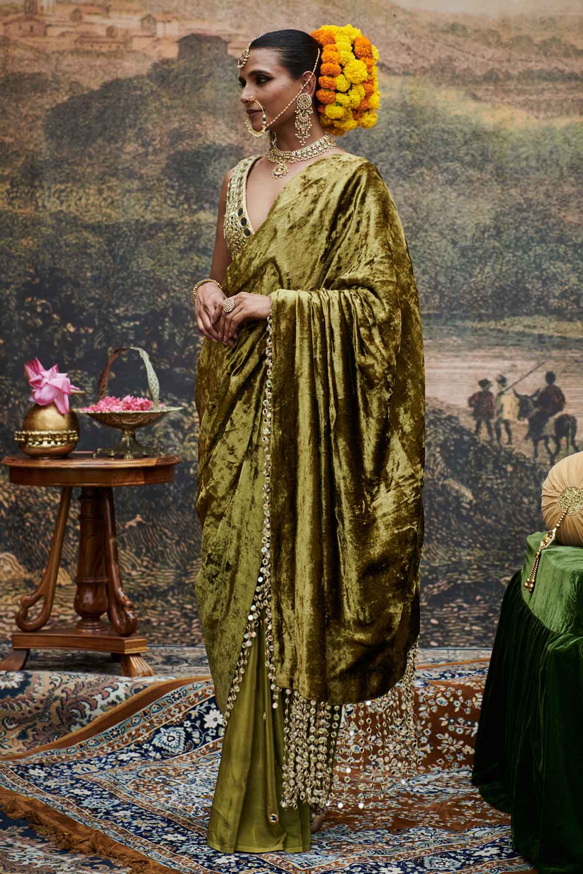 Olive Velvet Mirror Work Saree