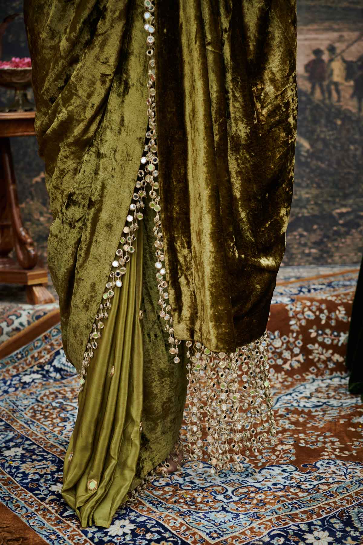 Olive Velvet Mirror Work Saree