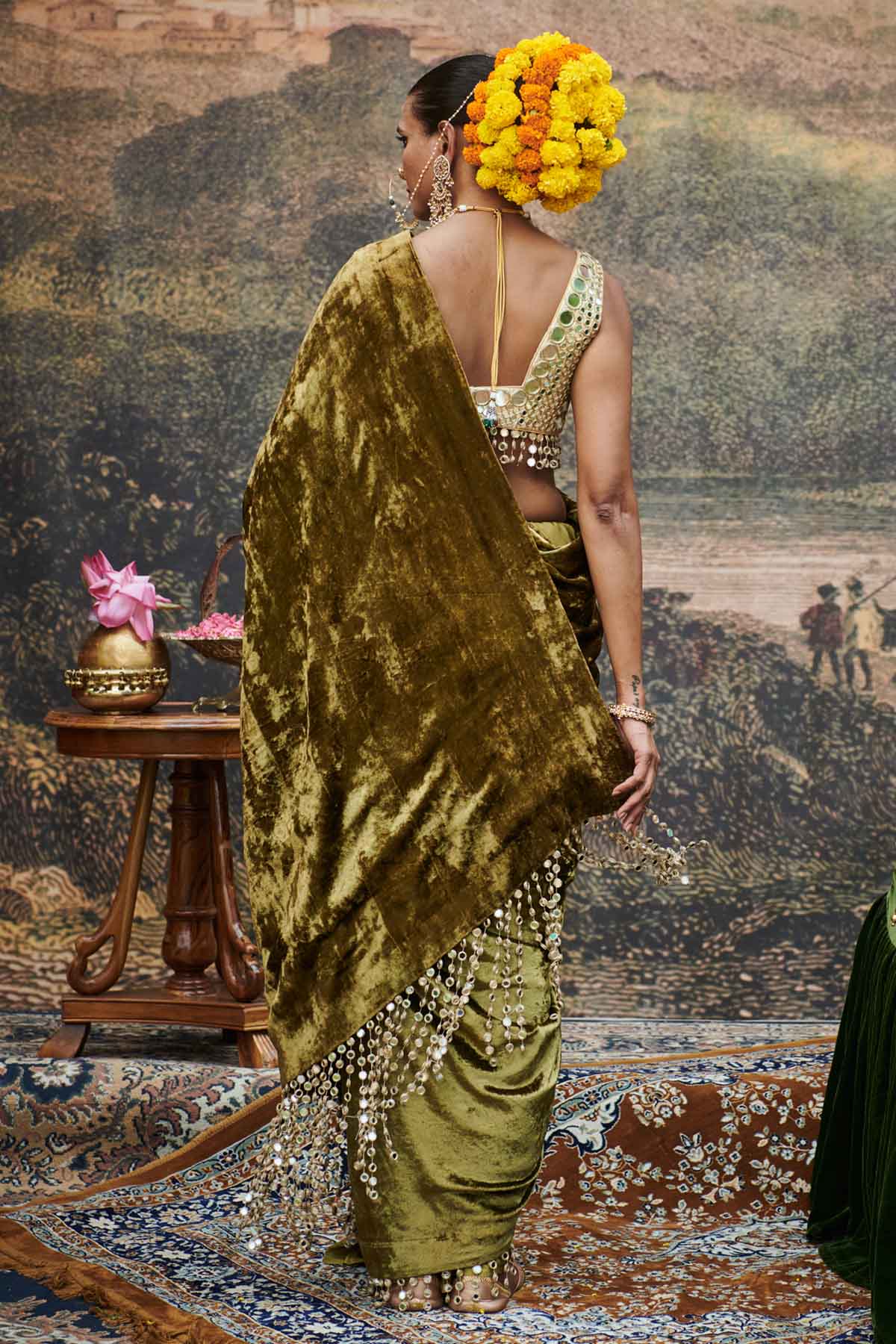 Olive Velvet Mirror Work Saree