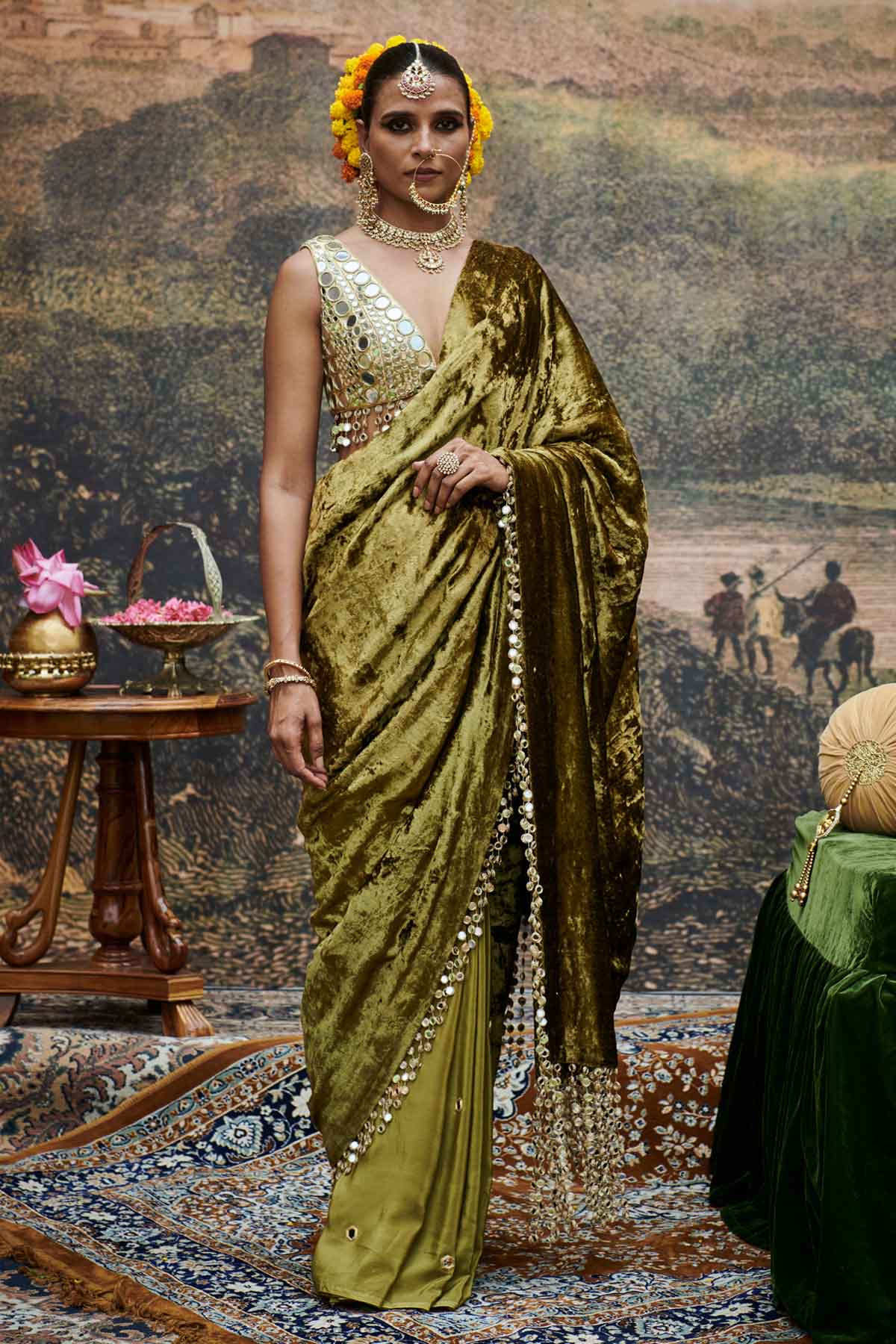 Buy ITRH, Designer Olive Velvet Mirror Work Saree Online