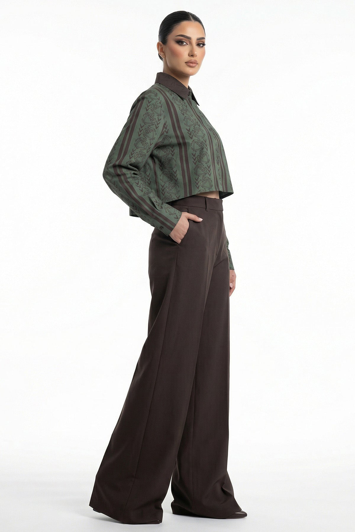 Olive Viscose Blend Crop Shirt