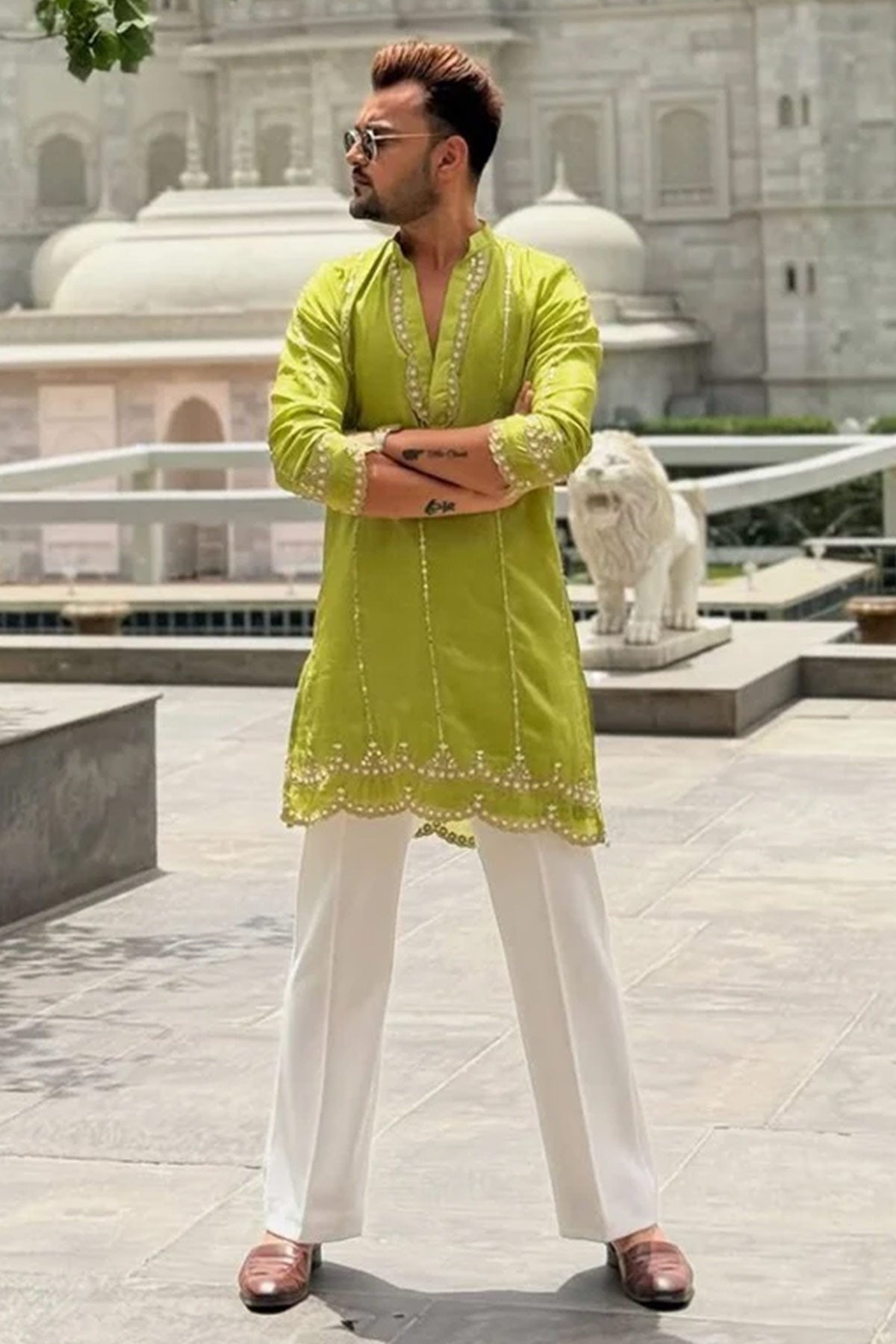 Olive & Yellow Embroidery Kurta