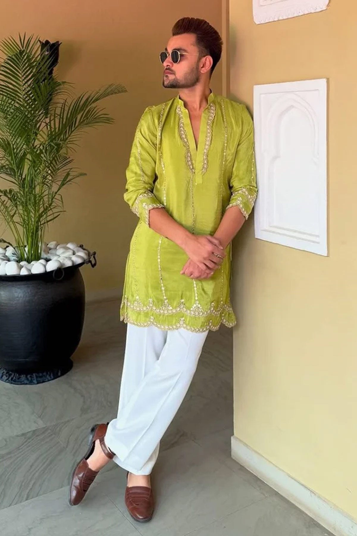 Buy Olive & Yellow Embroidery Kurta for men by Aastha Fashion online available at scrollnshops