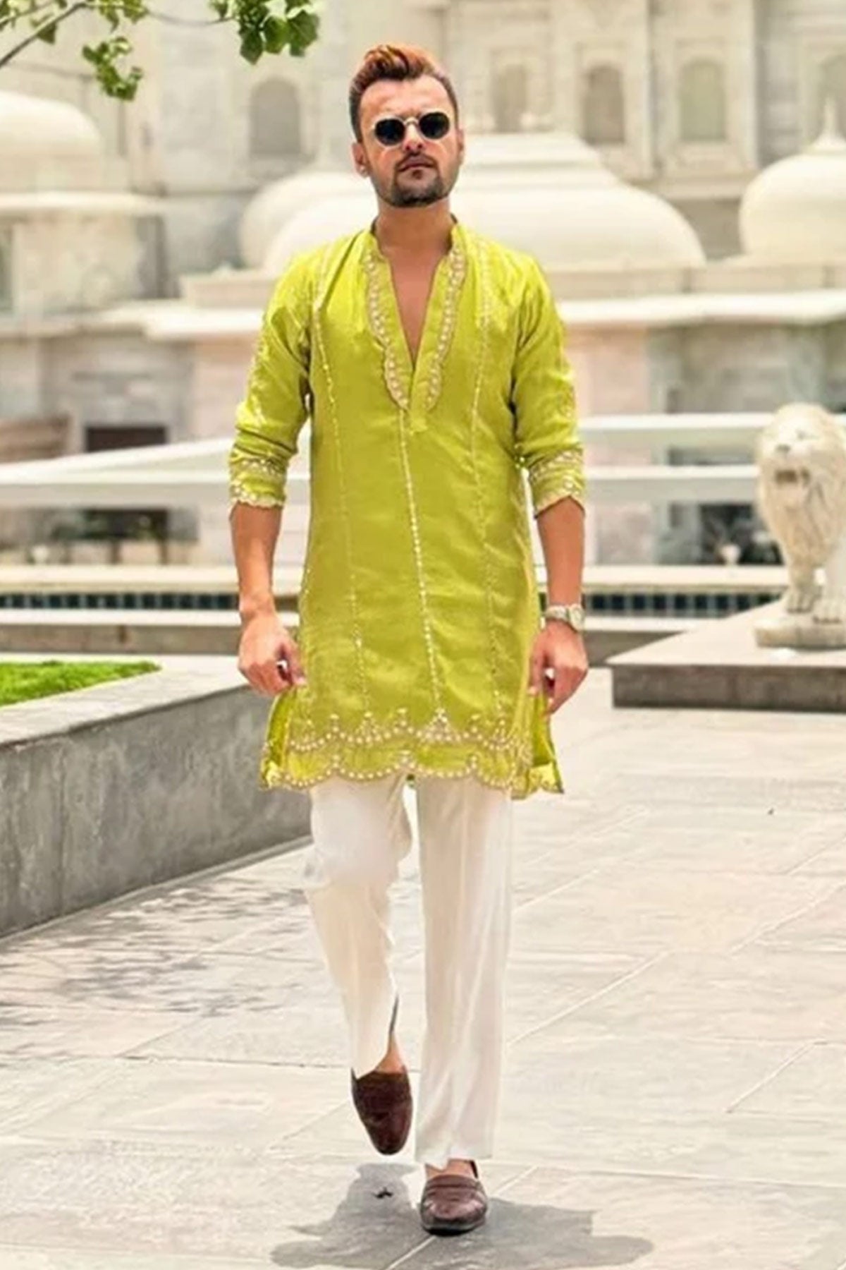 Olive & Yellow Embroidery Kurta