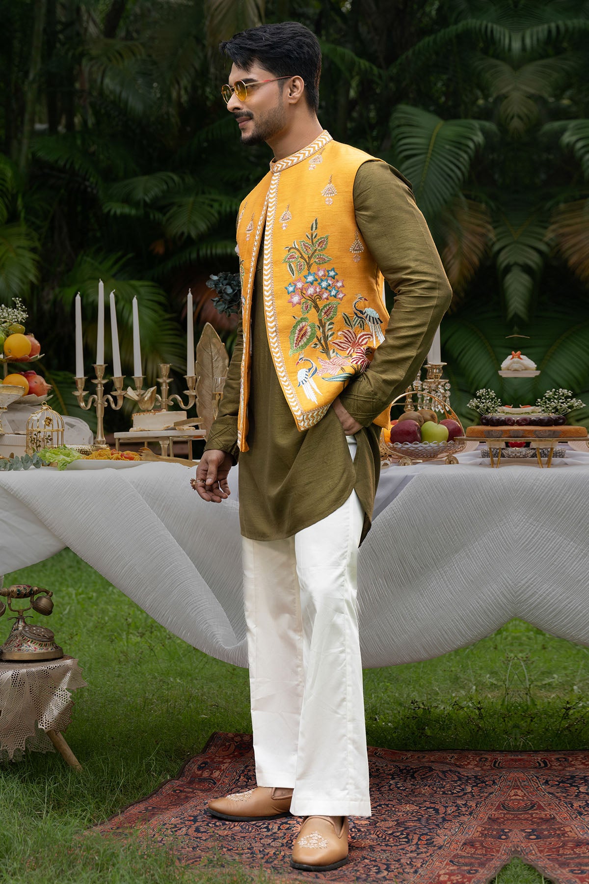 Olive & Yellow Zari Kurta Set