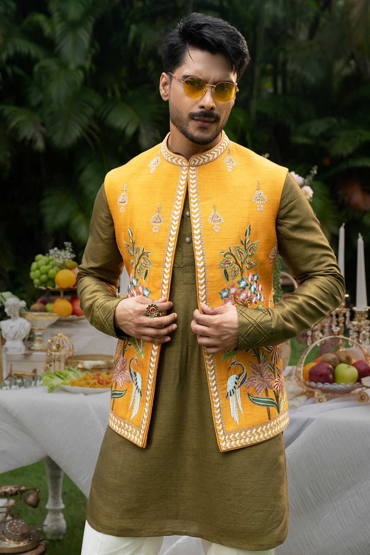 Olive & Yellow Zari Kurta Set