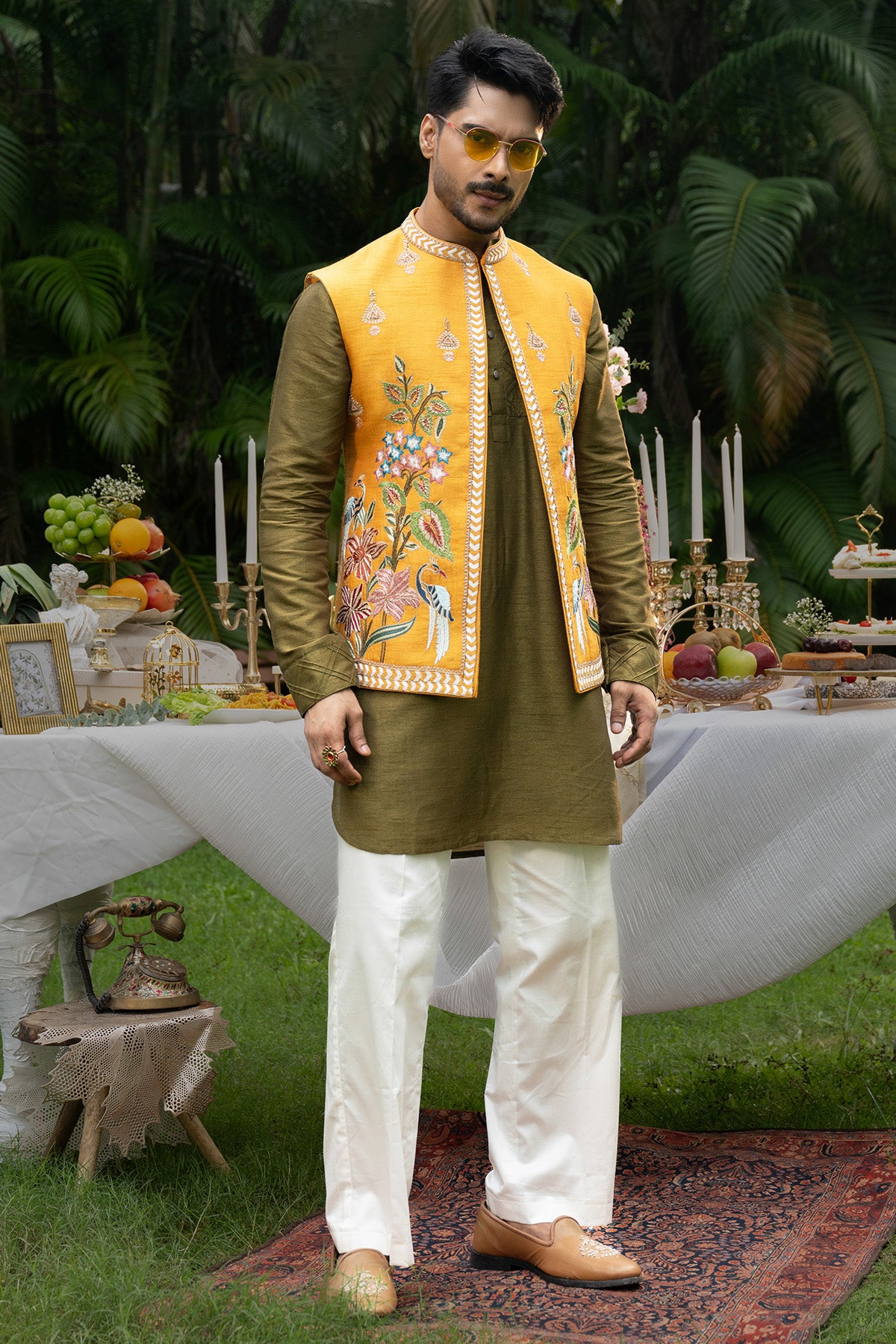 Olive & Yellow Zari Kurta Set