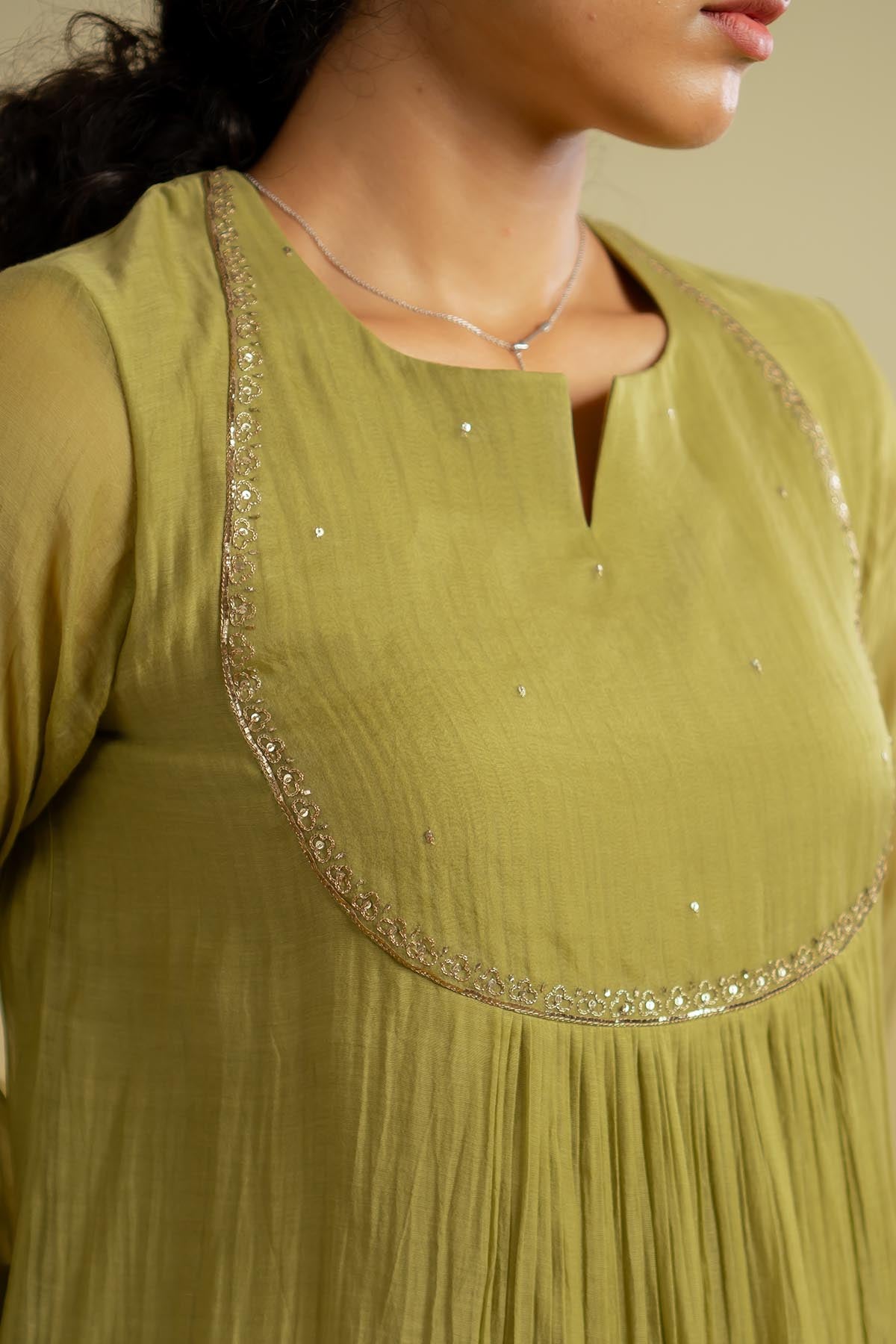Olive Zari Embroidered Kurta Set
