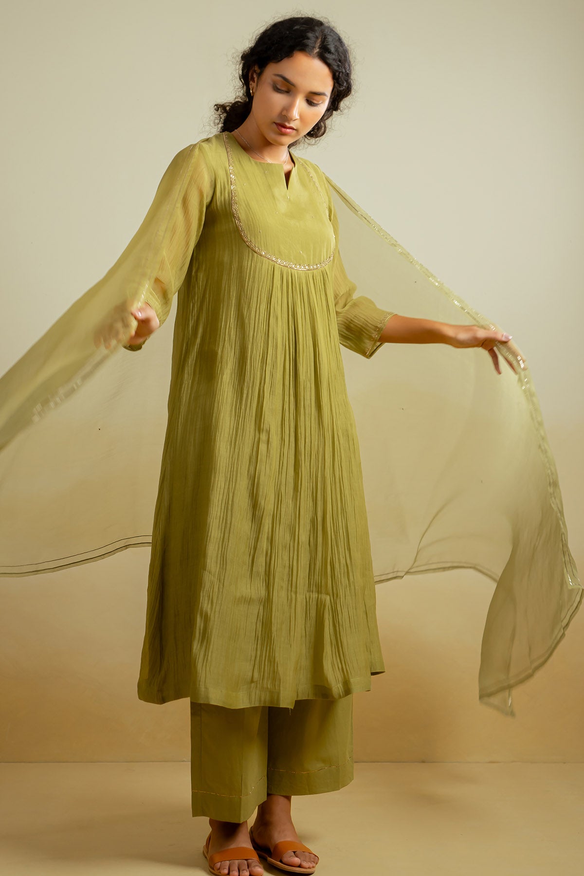 Olive Zari Embroidered Kurta Set