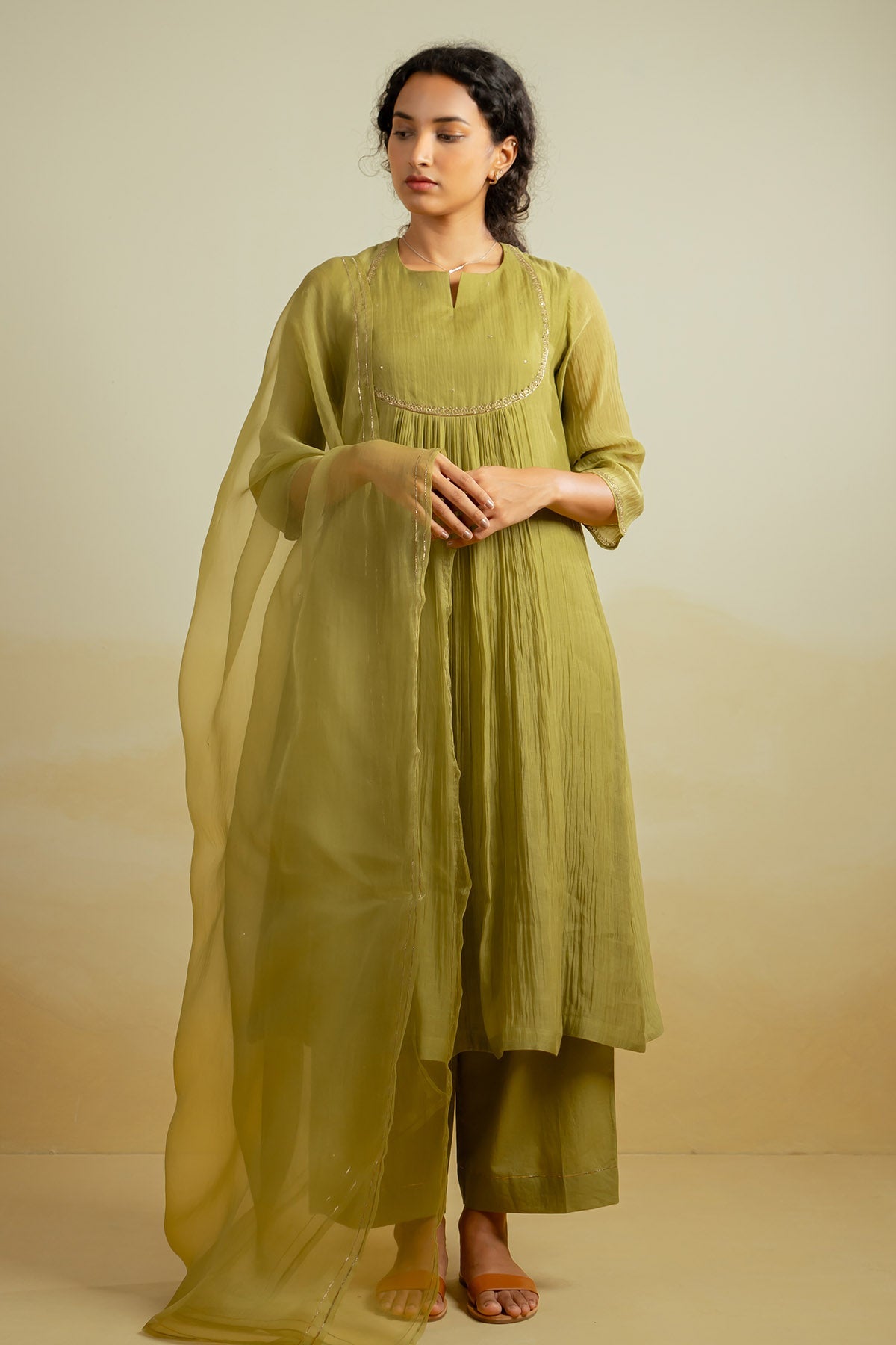 Buy Olive Zari Embroidered Kurta Set by Silpaa for women online at ScrollnShops