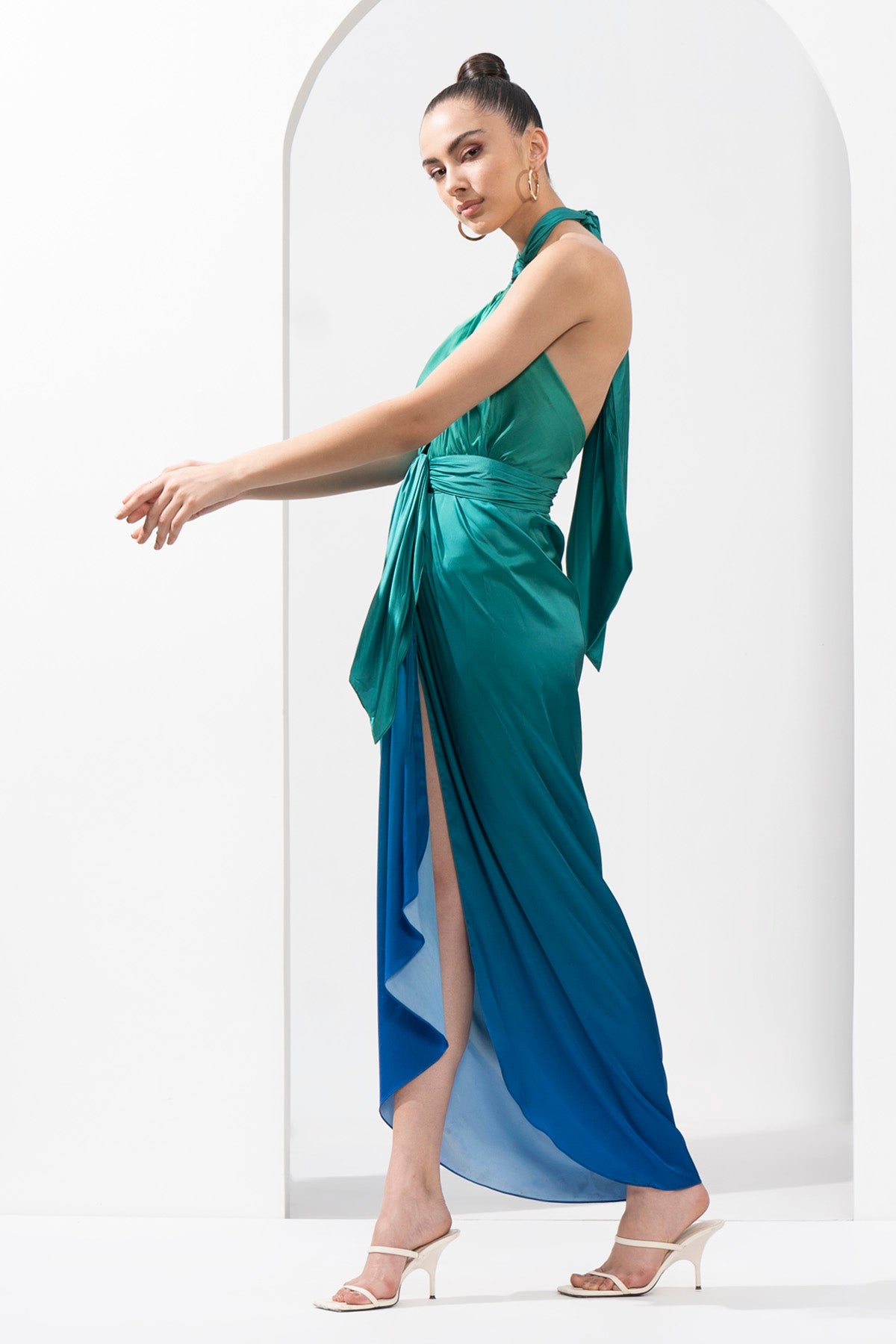 Green Blue Ombre Draped Dress