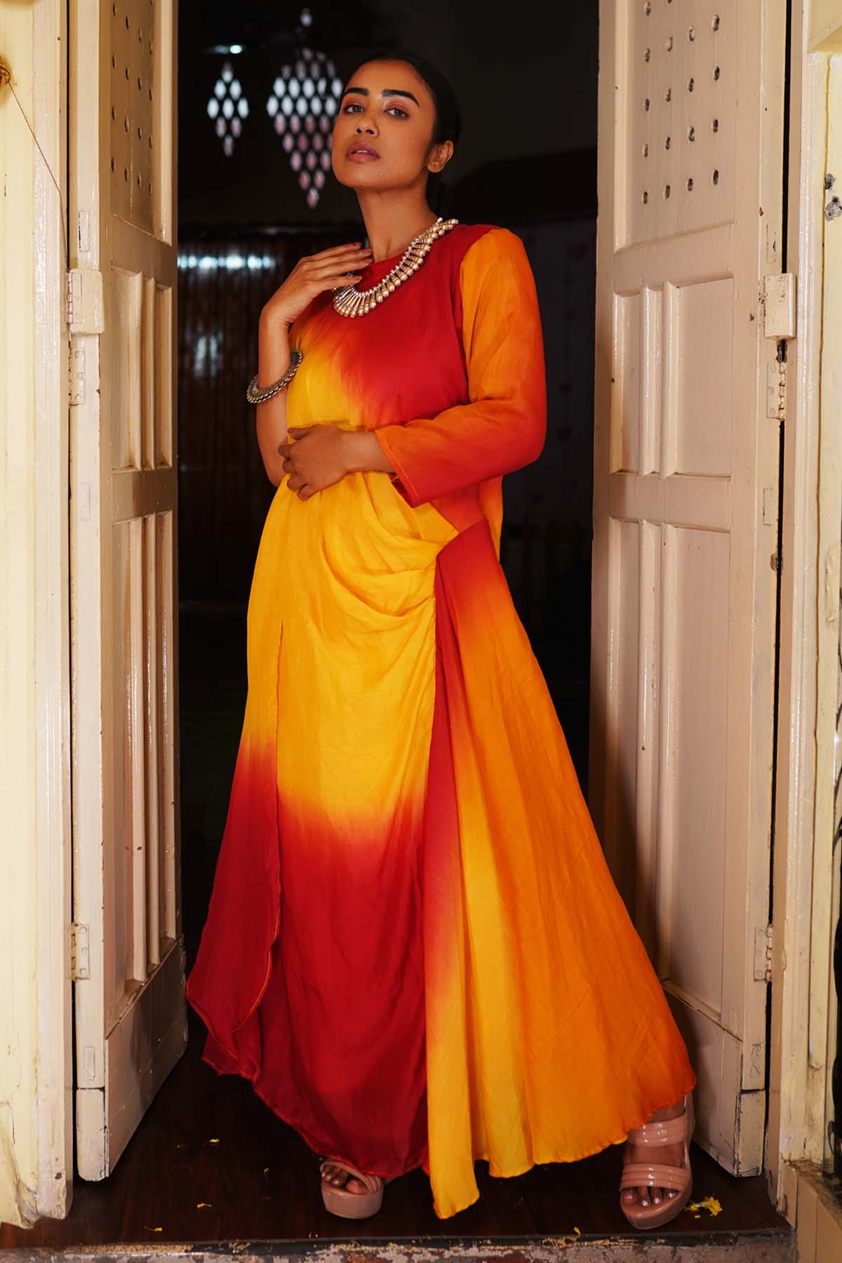 Ombre Red & Yellow Drape Kaftan