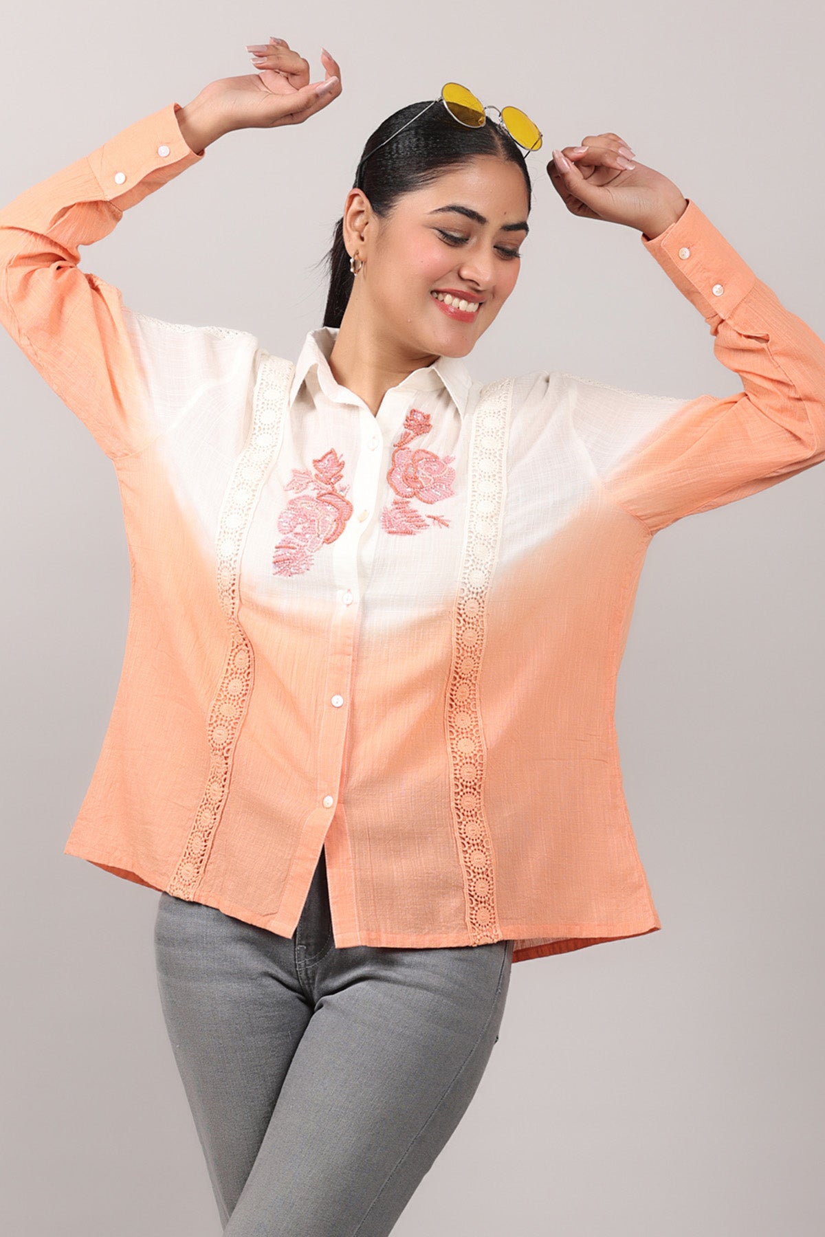 Buy Ombre Cotton Lace Detail Shirt by OSKOS for women online at ScrollnShops
