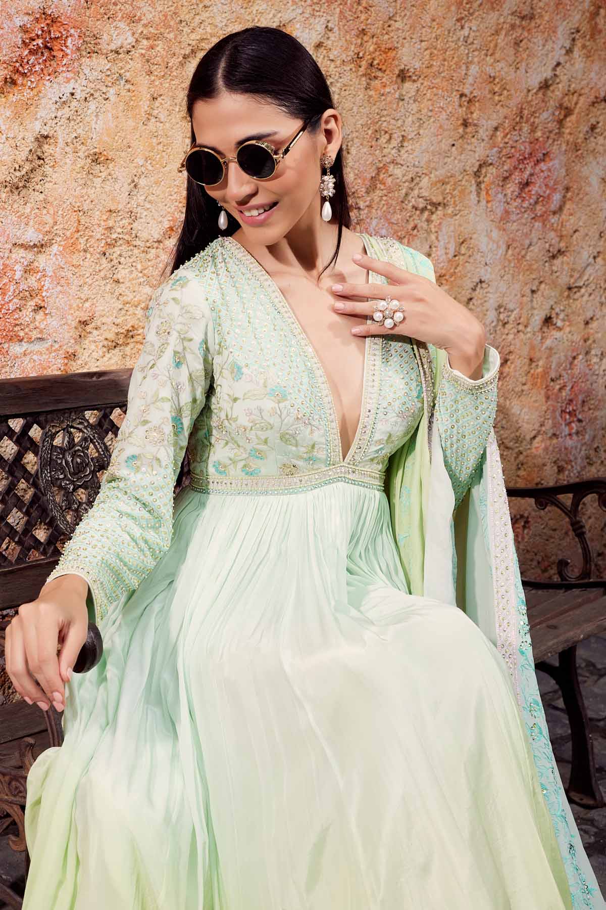 Ombre Deep V-Neck Anarkali Set