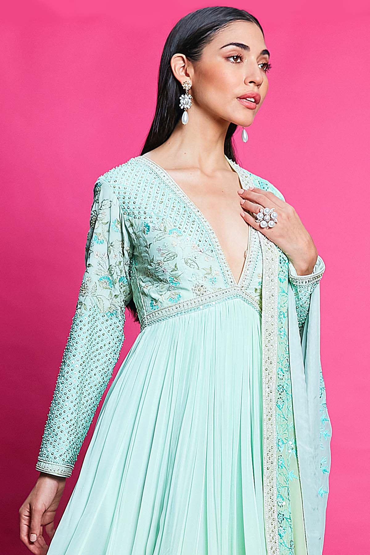 Ombre Deep V-Neck Anarkali Set