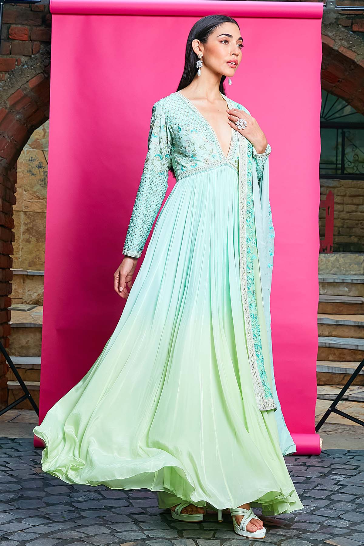 Ombre Deep V-Neck Anarkali Set