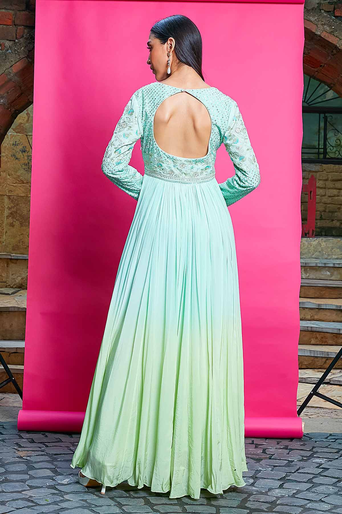 Ombre Deep V-Neck Anarkali Set