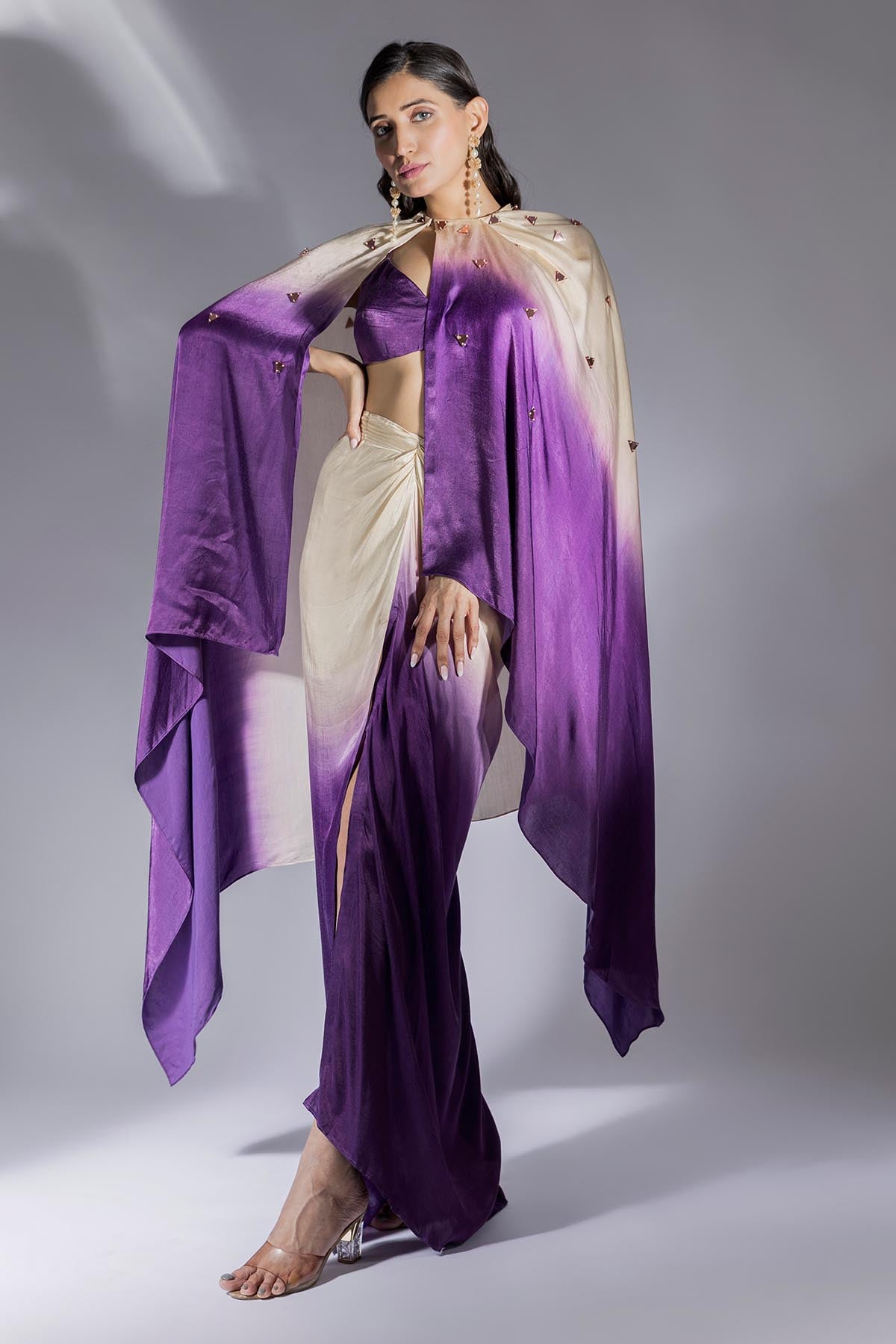 Ombre Embroidered Long Cape Set