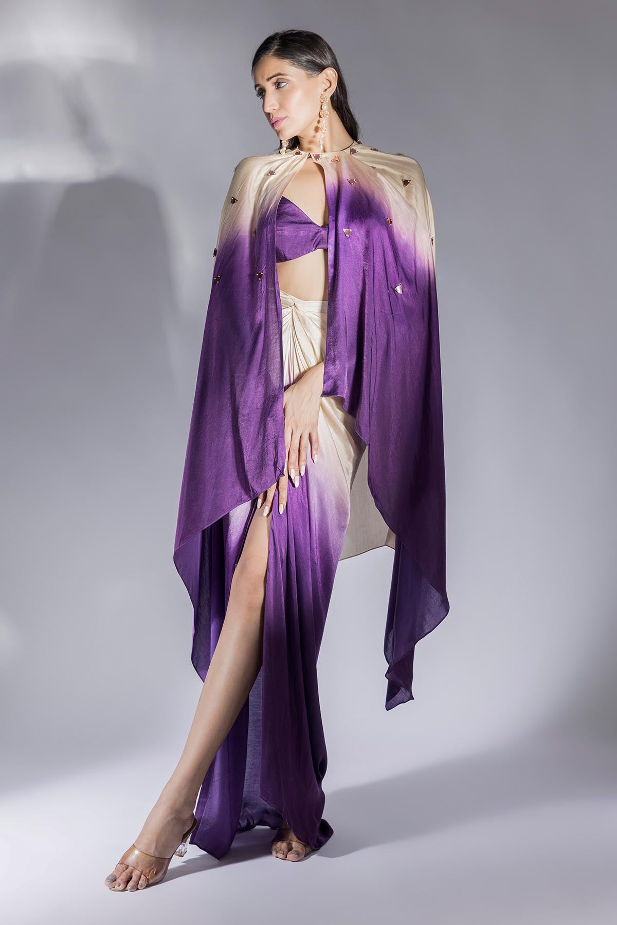 Ombre Embroidered Long Cape Set