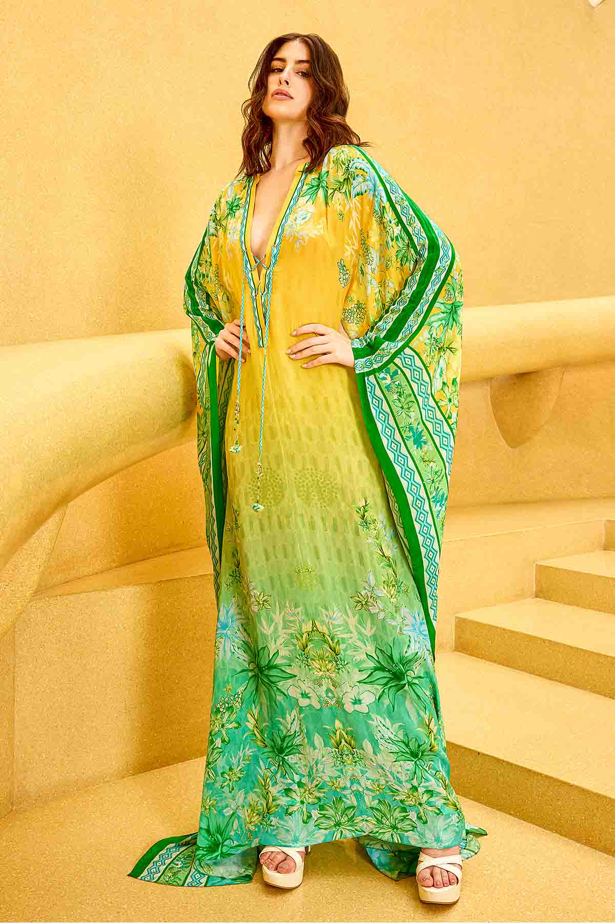Buy Ombre Floral Print V-Neck Kaftan by Mandira Wirk