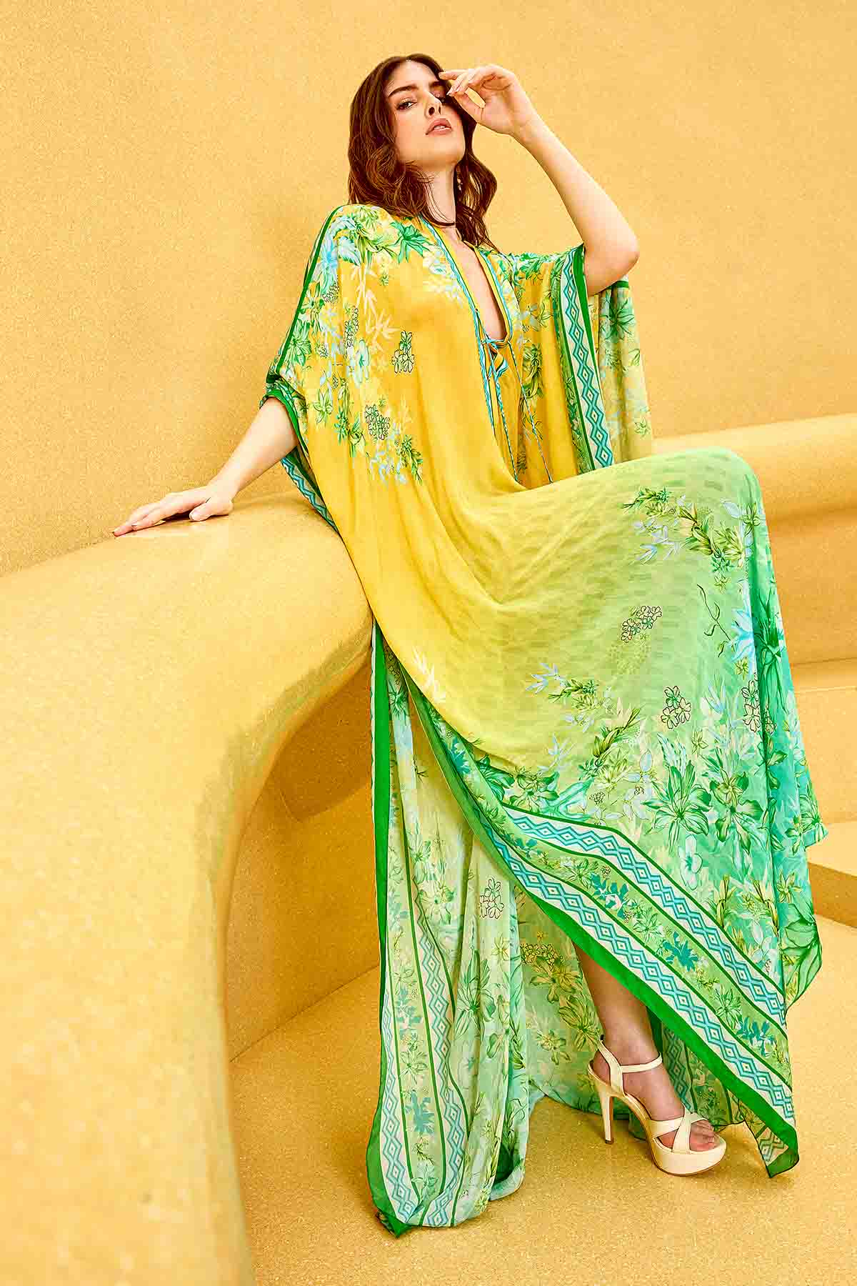 Ombre Floral Print V-Neck Kaftan