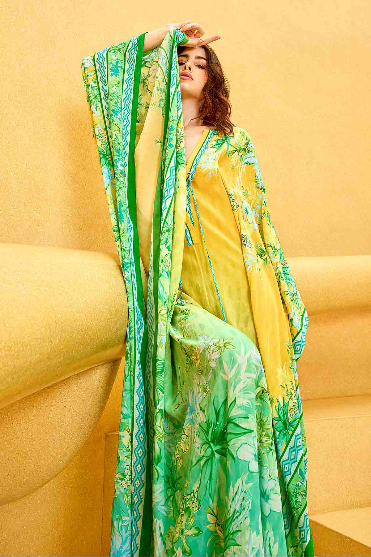 Ombre Floral Print V-Neck Kaftan