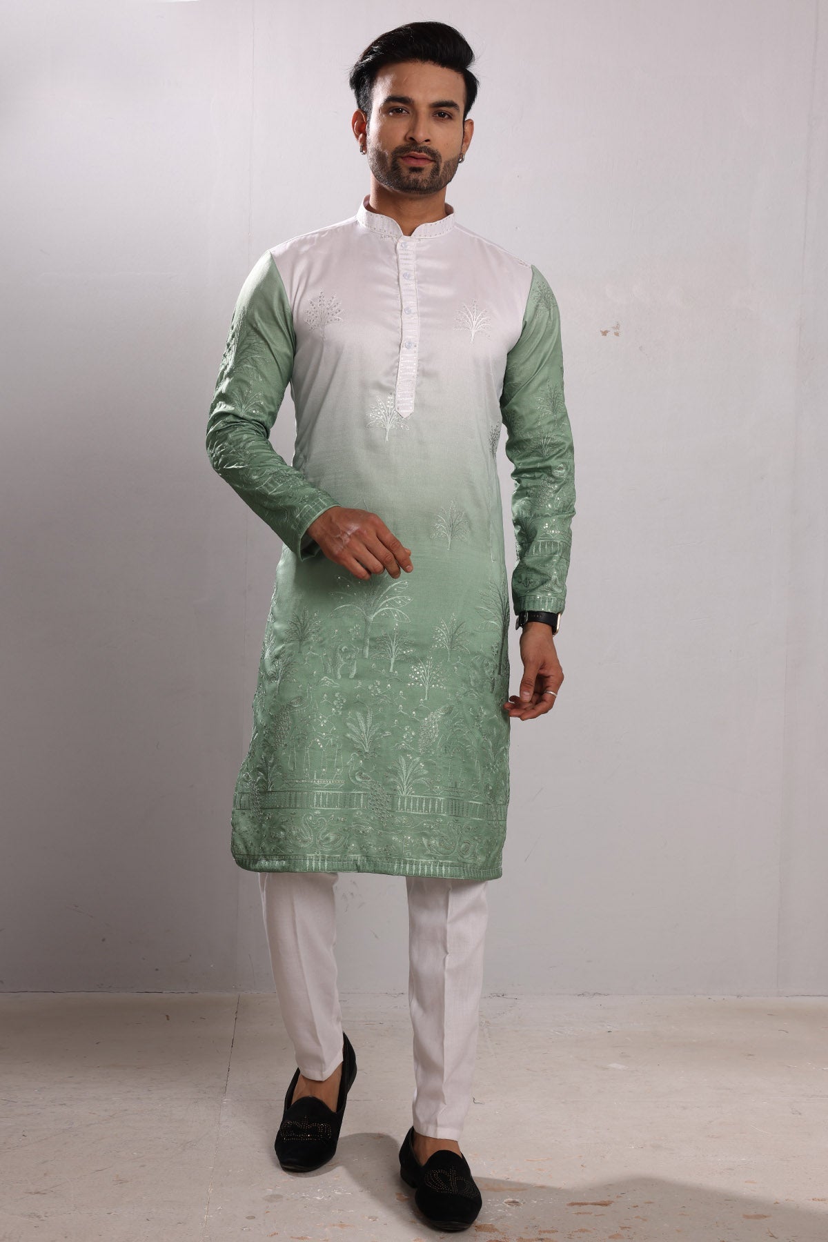 Buy Ombre Green Embroidered Kurta by SNEHA B for men online at ScrollnShops